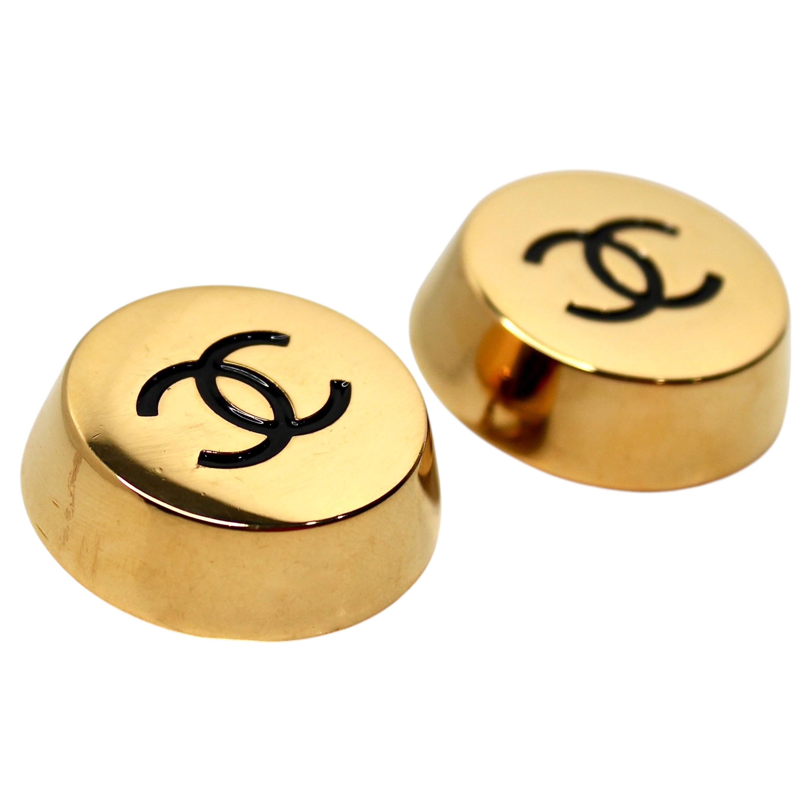Chanel Jumbo Coco Mark Yellow Gold-Plated Clip-On Earrings circa 1980s For Sale