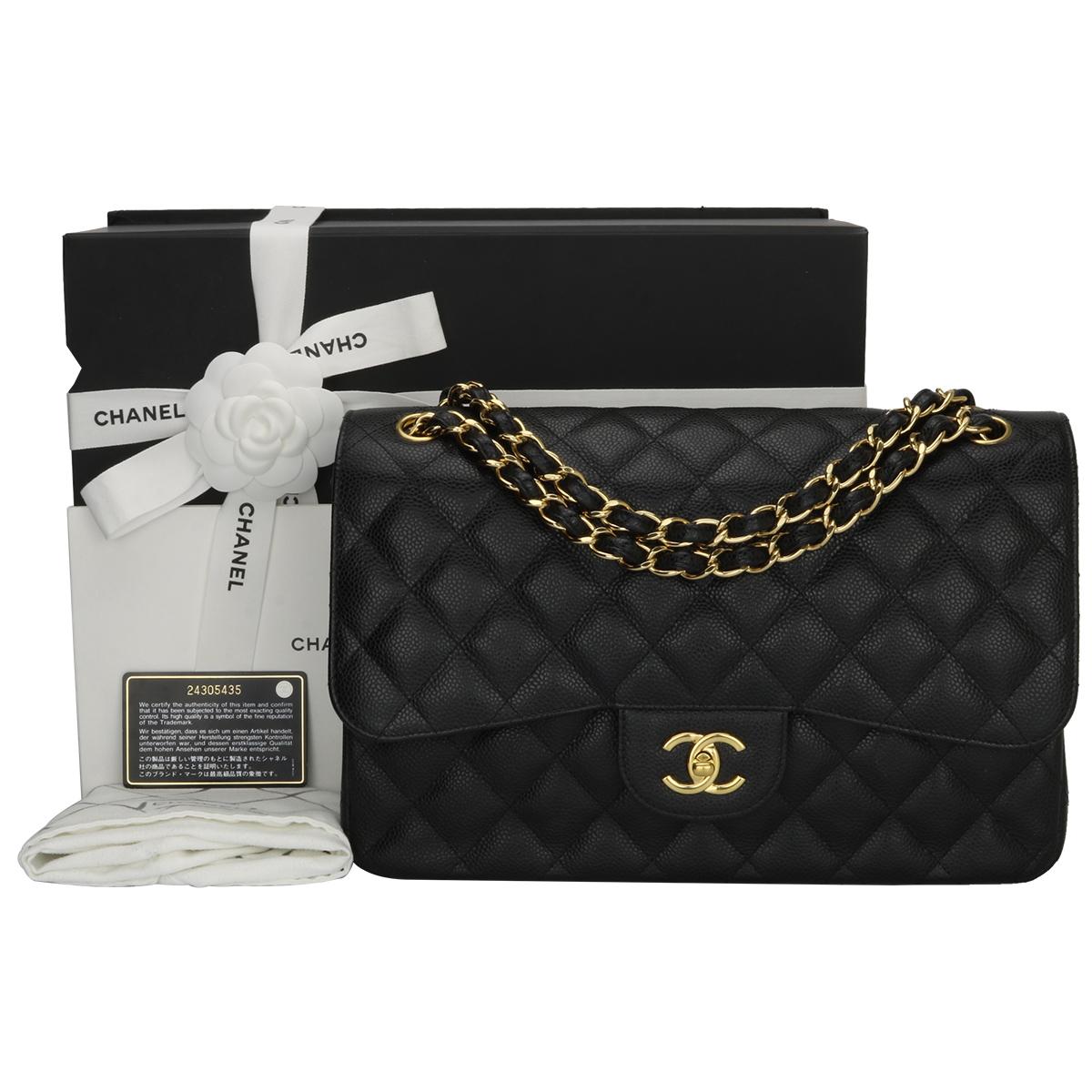 Authentic CHANEL Classic Jumbo Double Flap Bag Black Caviar with Gold Hardware 2017.

This stunning bag is in excellent-mint condition, the bag still holds its original shape, and the hardware is still very shiny. Leather smells fresh as if