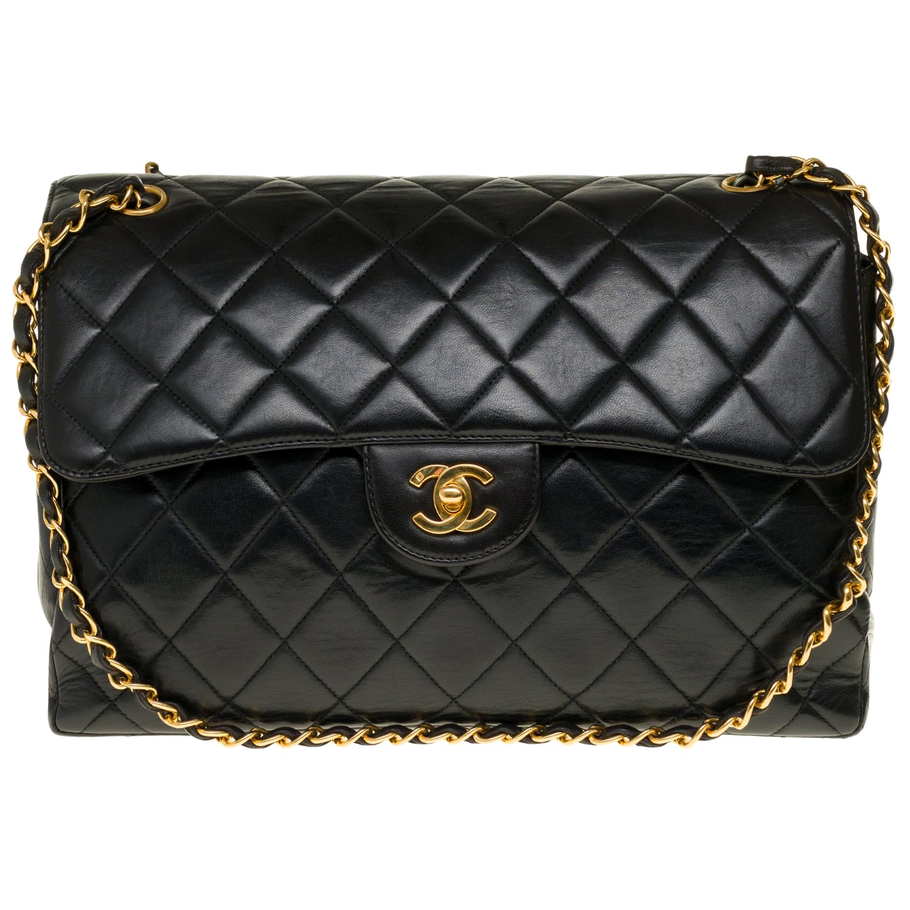 Chanel Jumbo Double Sided Umhängetasche aus schwarzem:: gestepptem Lammleder und GHW