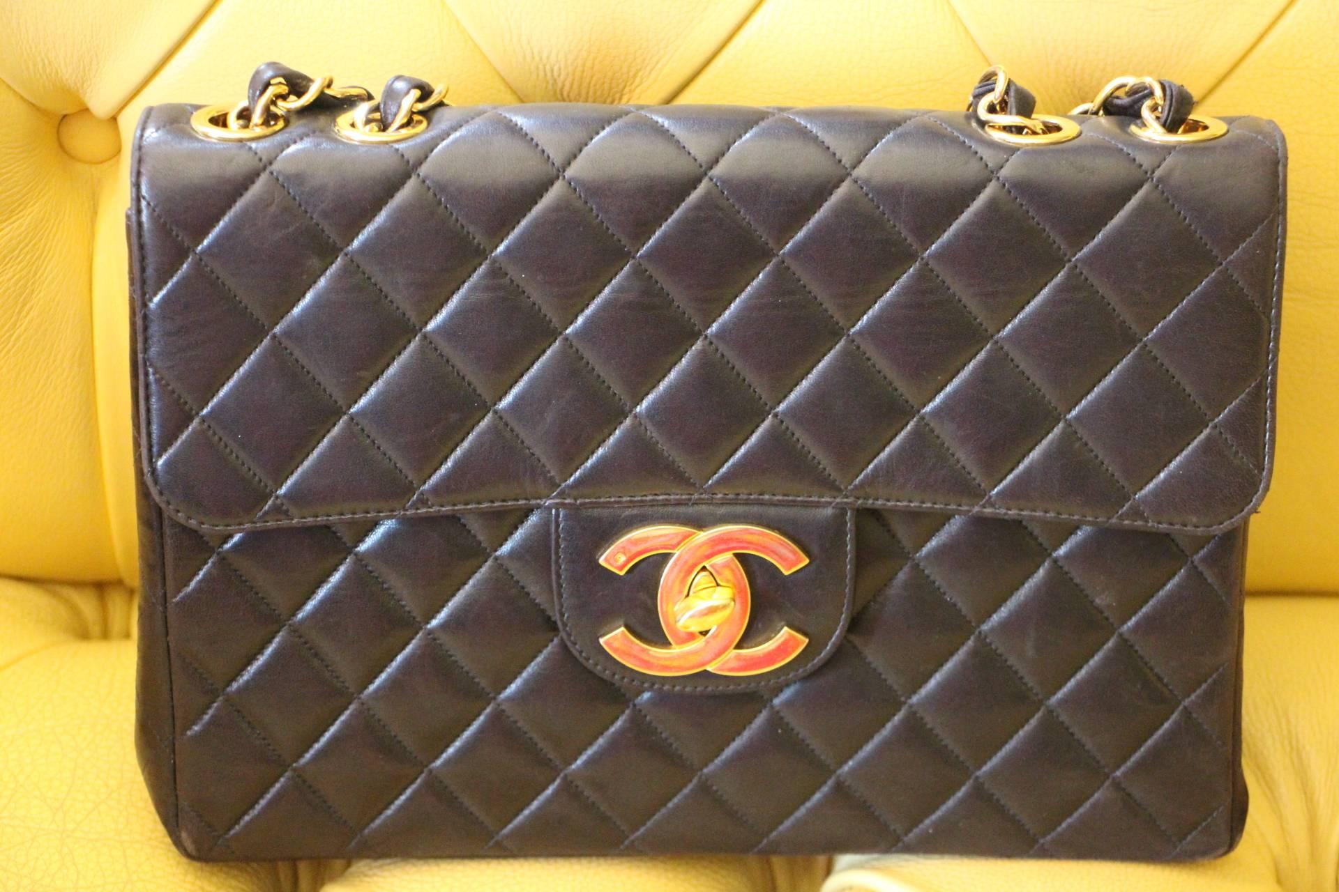 European Chanel Jumbo Flap Bag in Black Lambskin