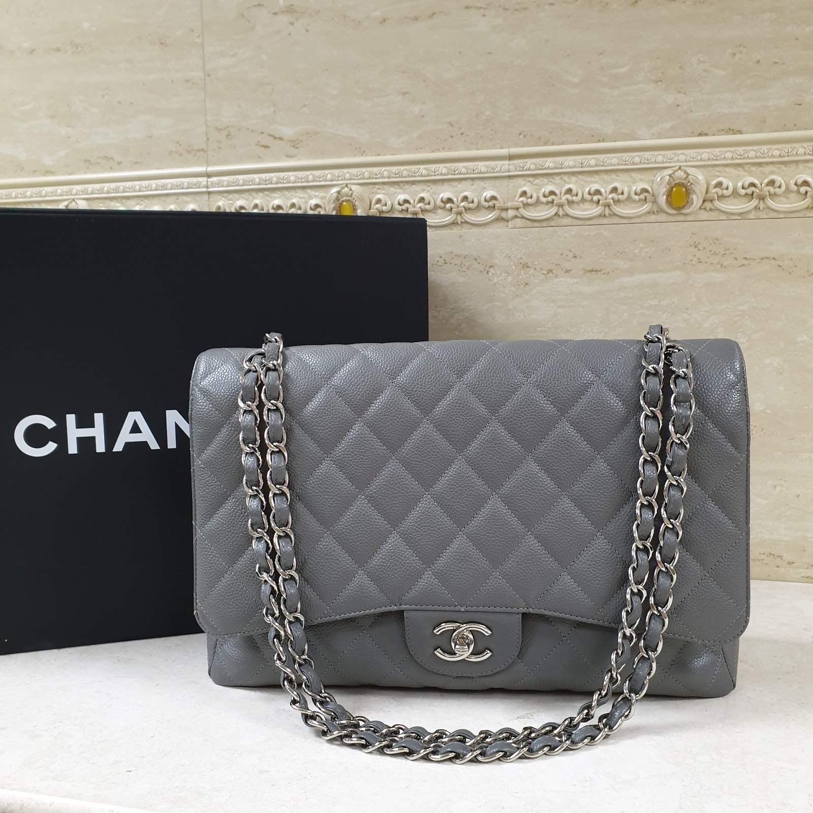 CHANEL Jumbo Gray Caviar Leather Maxi Bag 4
