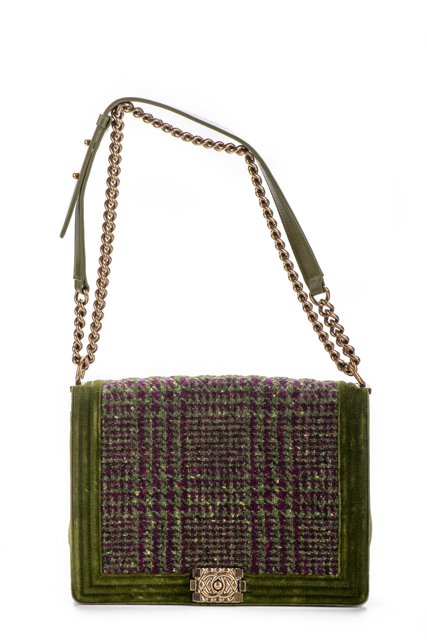 Borsa Chanel Jumbo in velluto verde e tweed per ragazzi 4