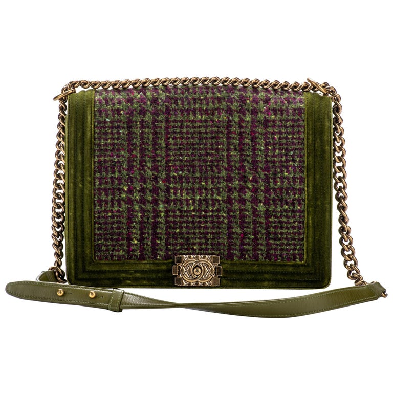 Chanel Jumbo Green Velvet Tweed Boy Bag at 1stDibs