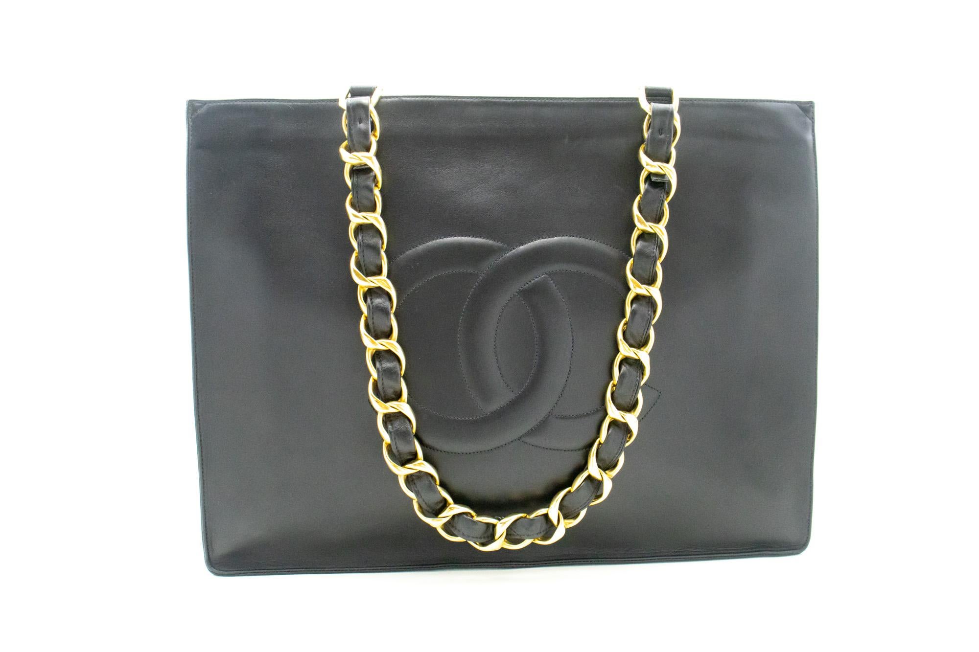 An authentic CHANEL Jumbo Large Big Chain Shoulder Bag Black made of black Lambskin Leather. The color is Black. The outside material is Leather. The pattern is Solid. This item is Vintage / Classic. The year of manufacture would be
