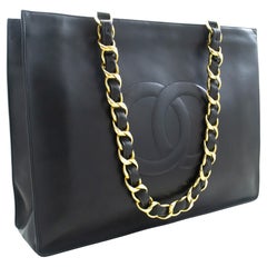 Vintage CHANEL Jumbo Large Big Chain Shoulder Bag Lambskin Black Leather