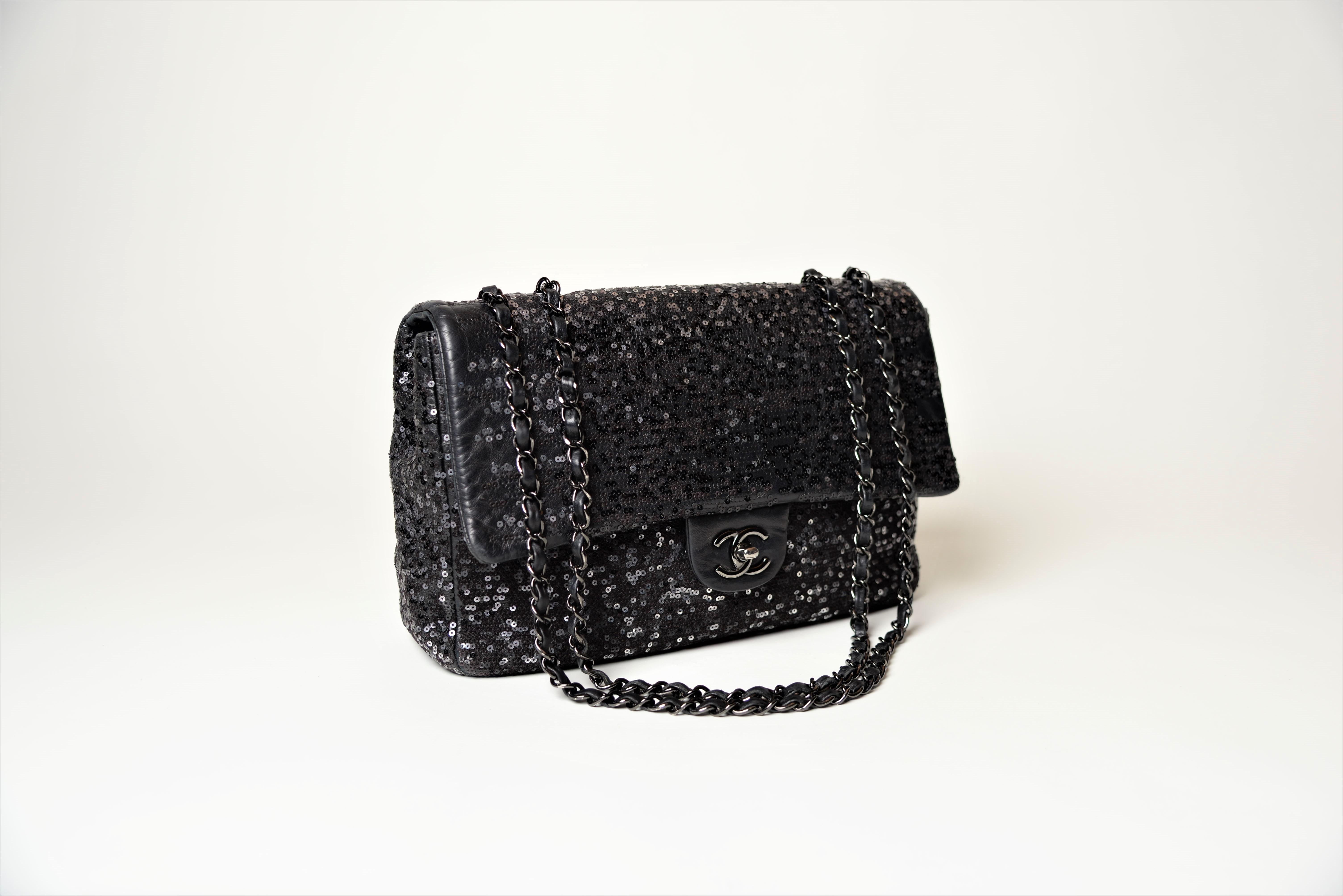 Black Chanel Jumbo Maxi Flap Sequins Moonlight on Water Bag