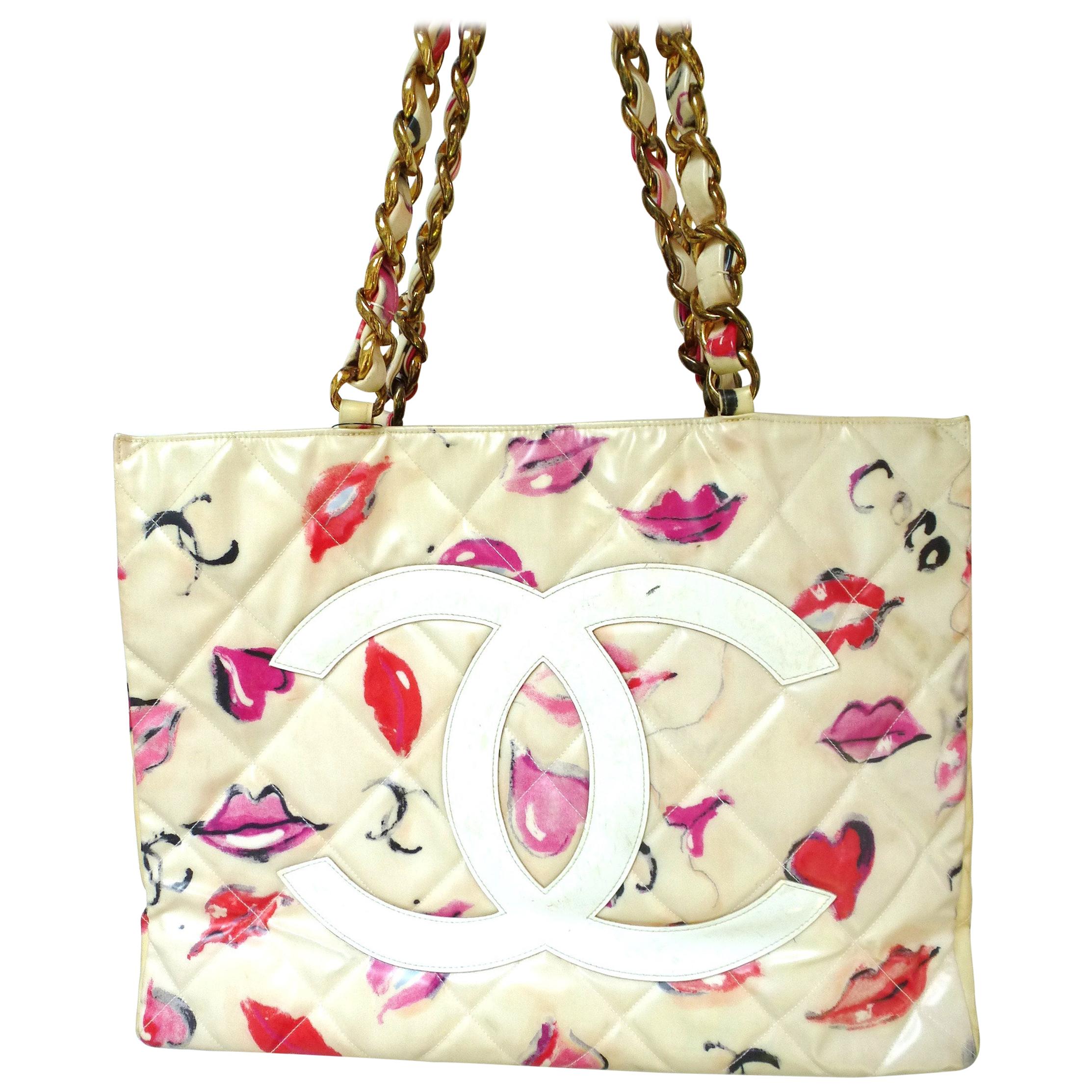 Chanel Jumbo nylon shopper Tot bag with Lip Heart + Coco Grafitti 1985's  For Sale at 1stDibs