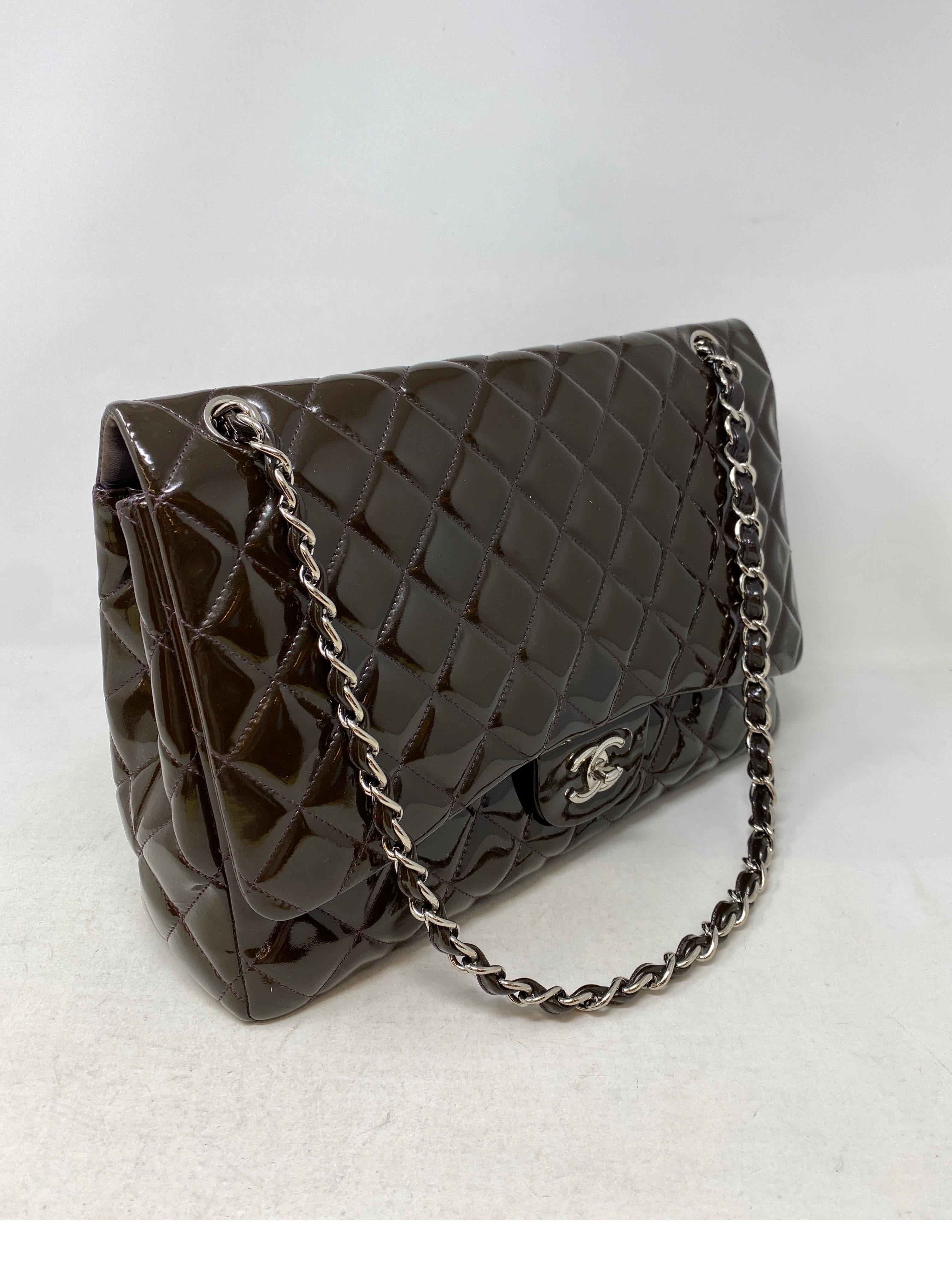 Chanel Jumbo Brown Patent Leather Bag. Nice chocolate brown patent bag. Silver hardware. Jumbo size 12