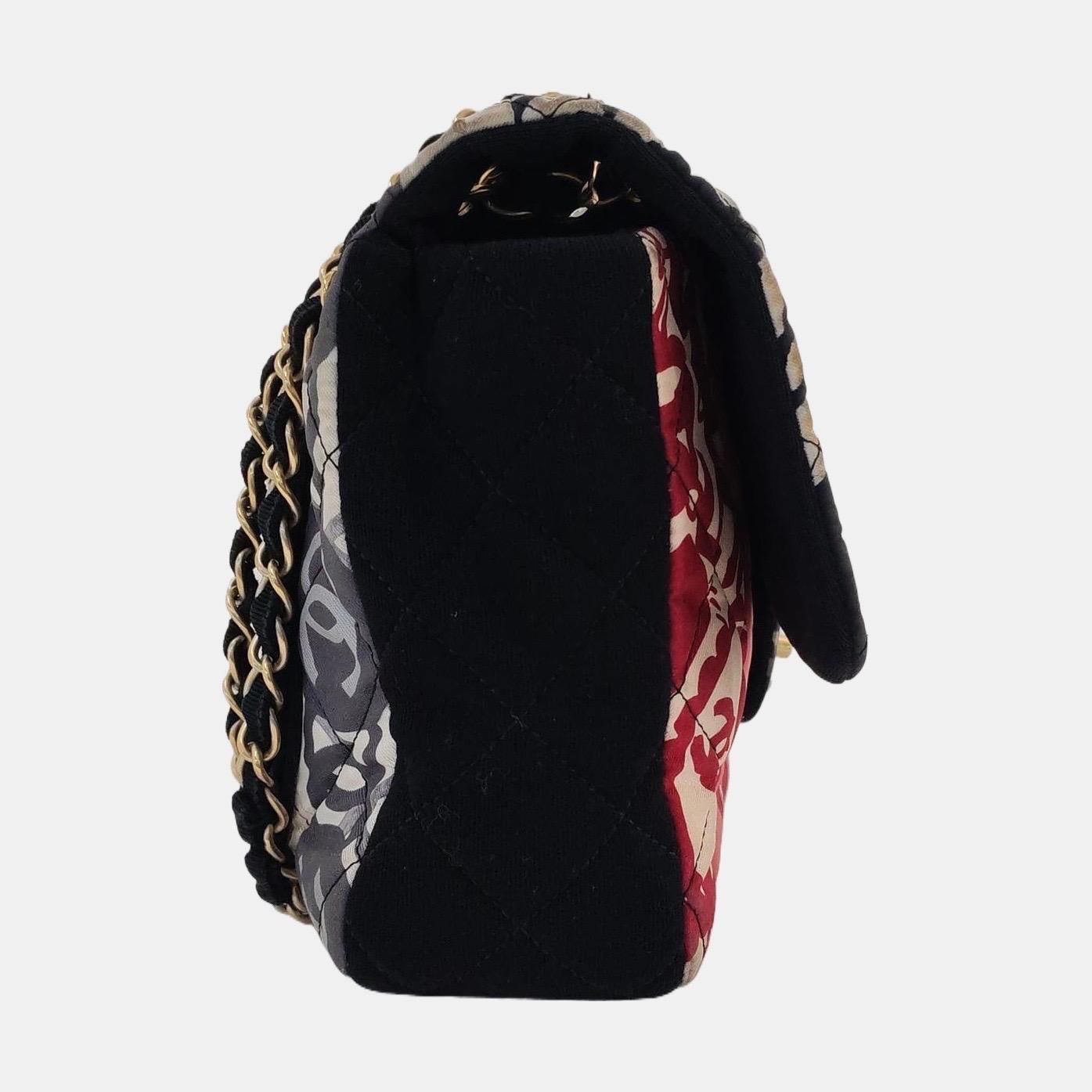 Chanel Jumbo gesteppt Multicolor Patchwork Jersey Klappe Tasche (Schwarz) im Angebot