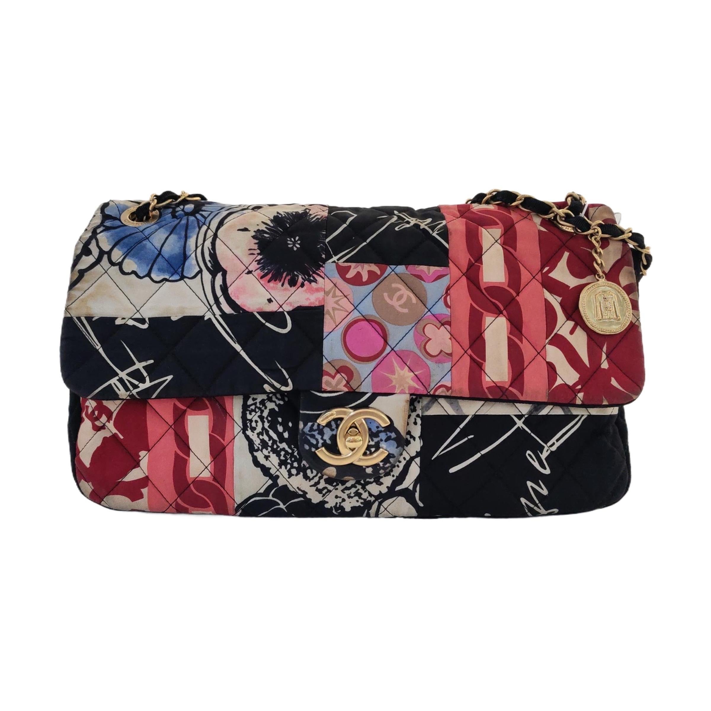 Chanel Jumbo Quilted Multicolor Patchwork Jersey Flap Bag