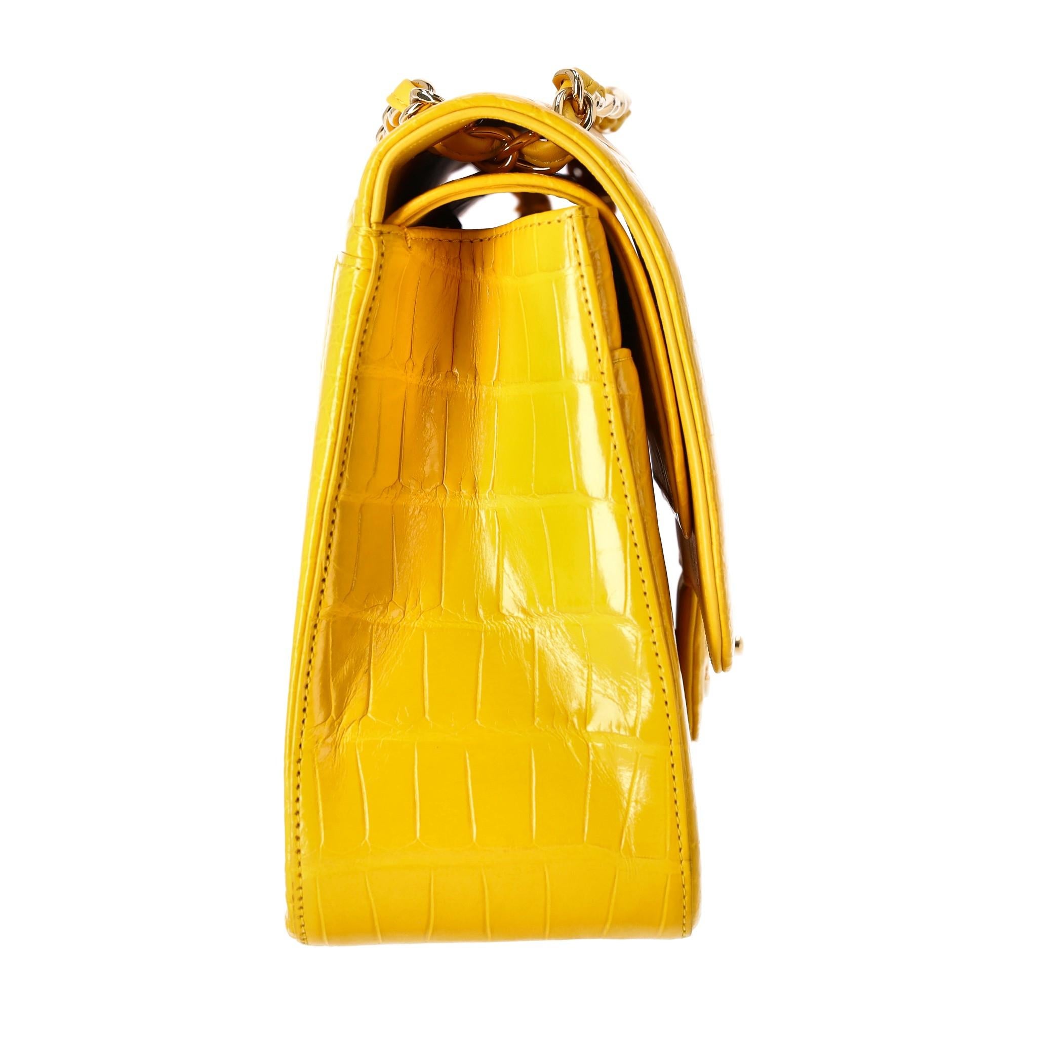 Yellow Chanel Jumbo Shiny Skin Alligator Timeless Double Flap Bag For Sale