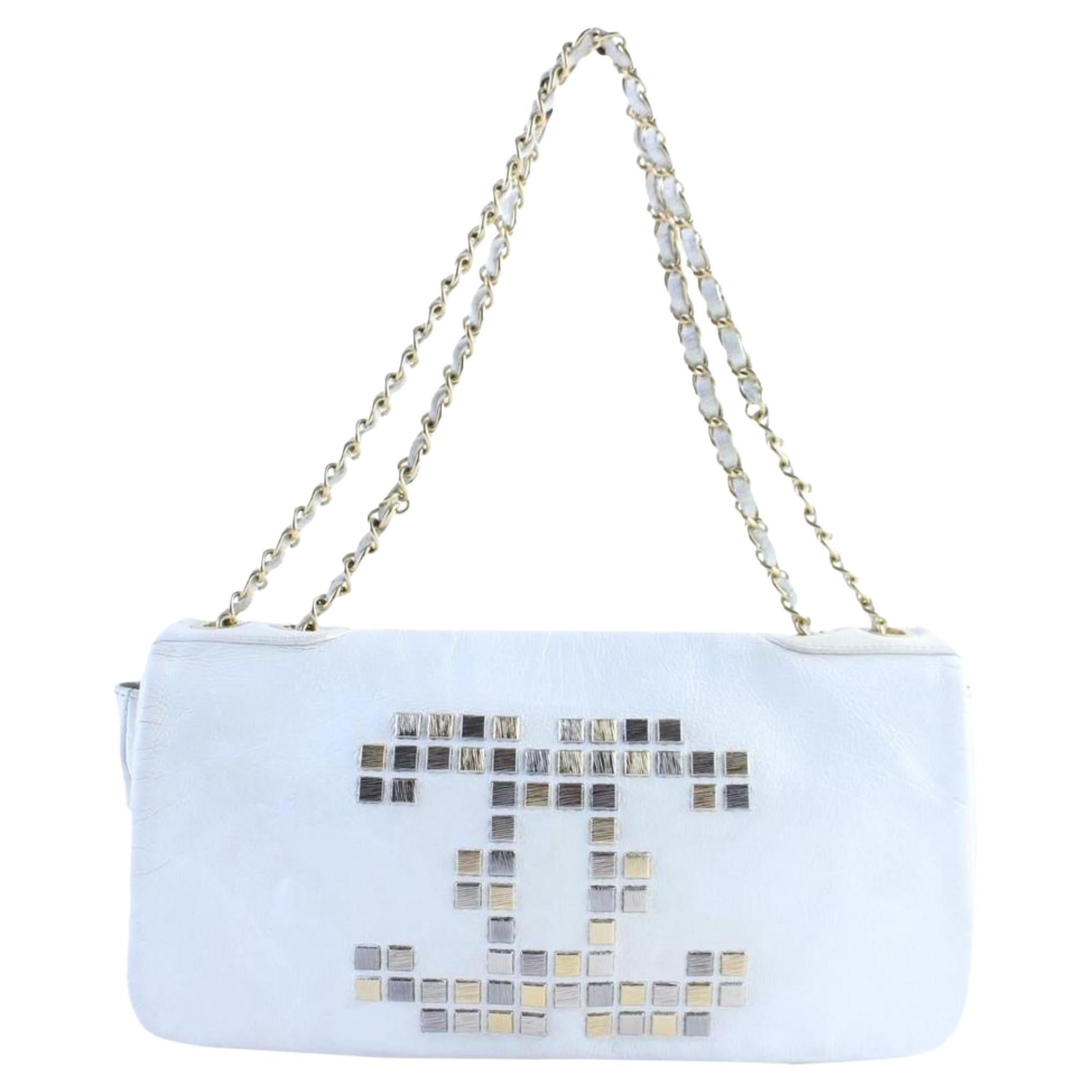 Chanel Jumbo White CC Logo Mosaic Chain Flap 228805a