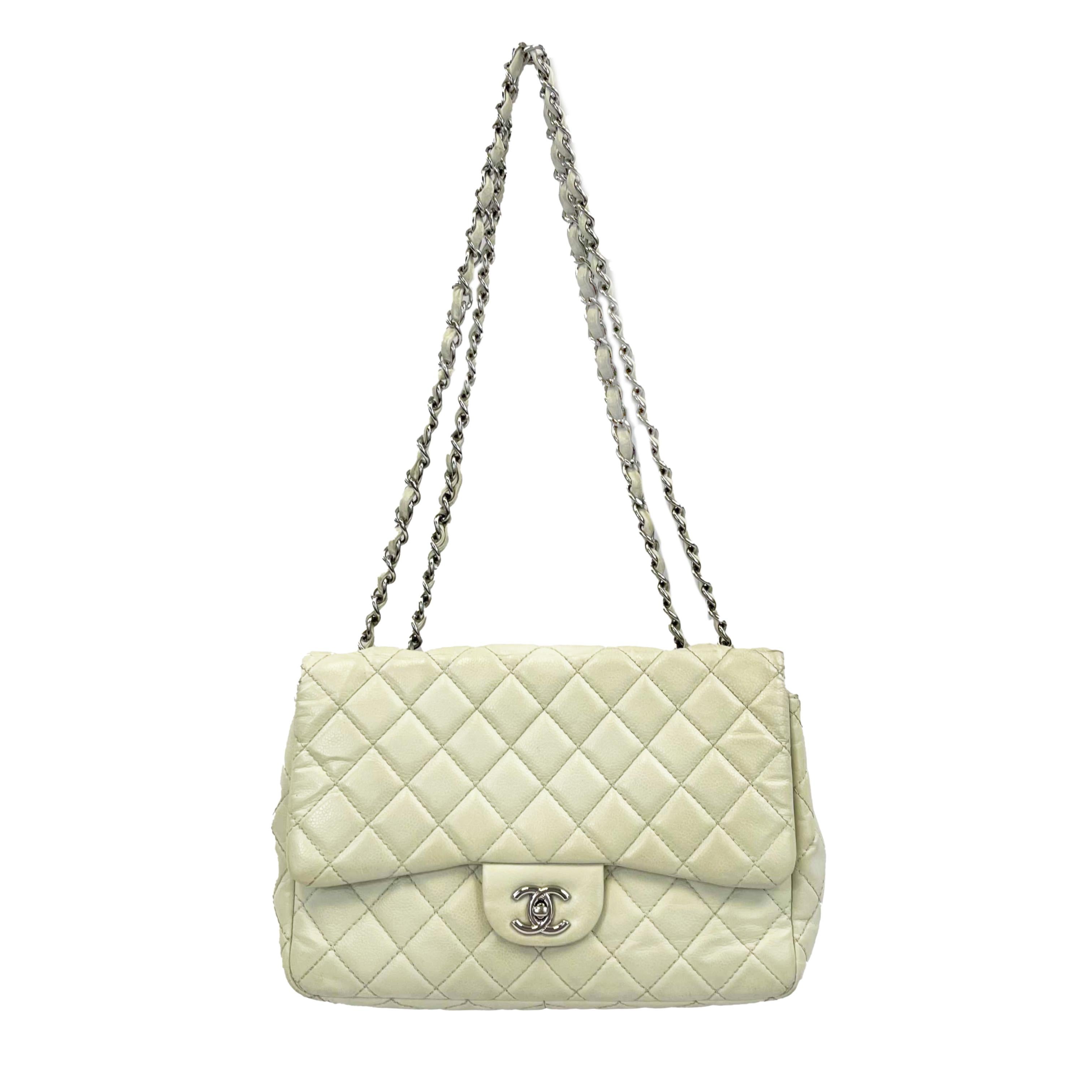 Chanel Jumbo White Classic Flap CC Silver Crossbody Shoulder Bag