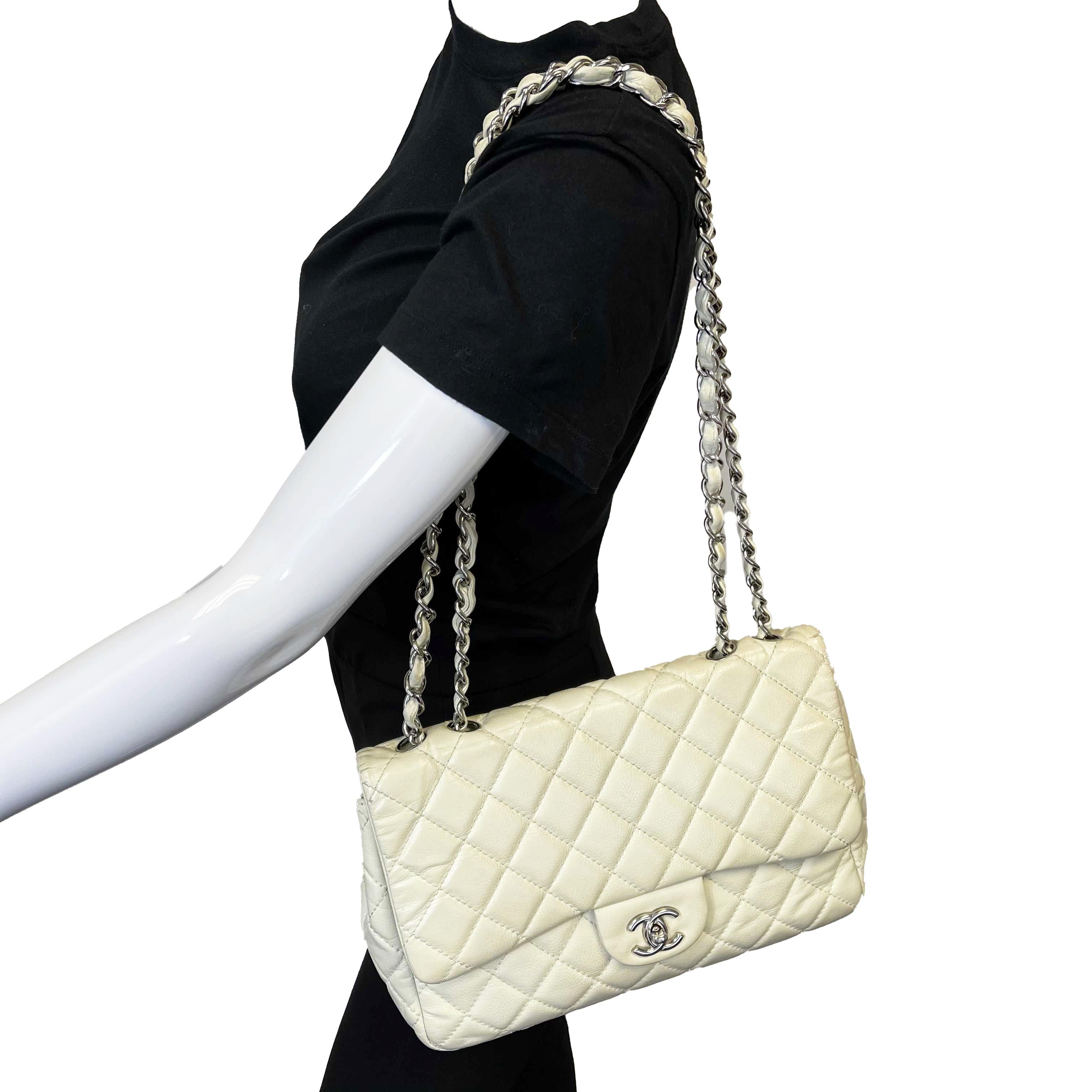 Chanel Jumbo White Classic Flap CC Silver Crossbody Shoulder Bag