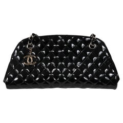 Chanel Just Mademoiselle Bowling Bag Quilted Patent Leather Black Medium