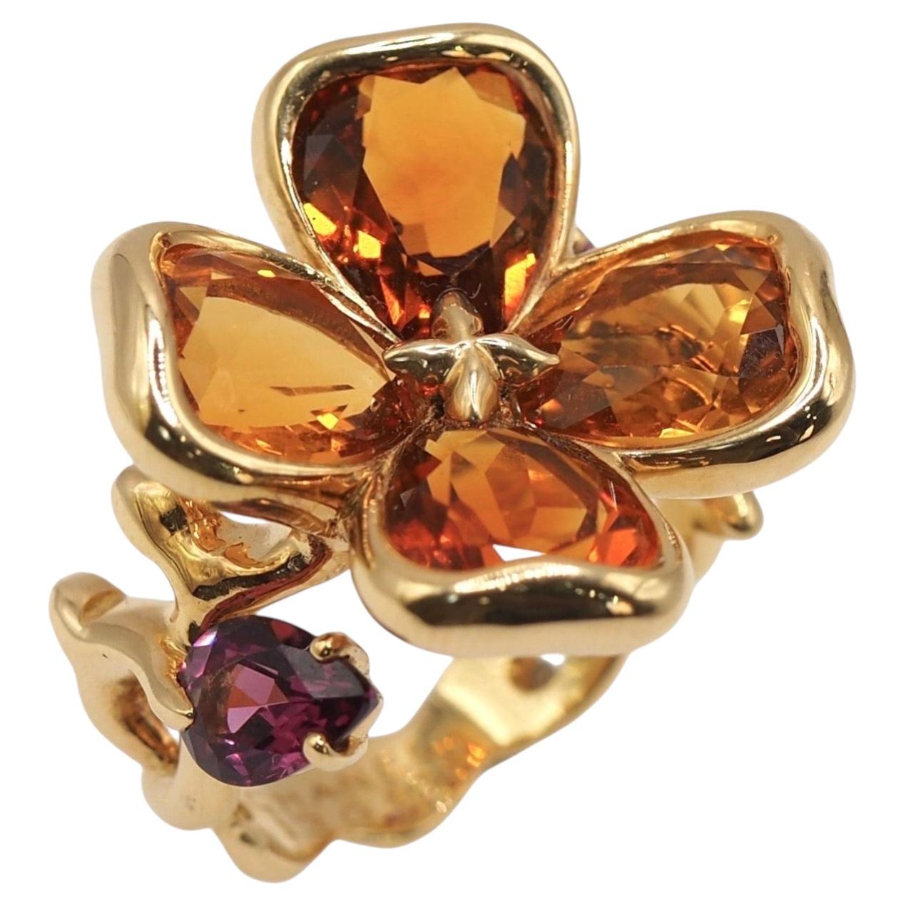 Pre-owned Chanel K18 Gold Citrine Garnet Floral Cocktail Statement Ring In Multiple
