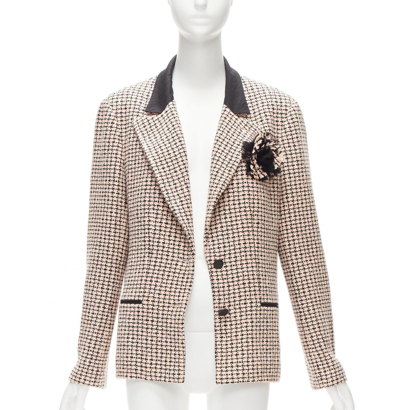 CHANEL Karl 02P pink black tweed Camellia brooch blazer jacket FR46 XXL In Fair Condition In Hong Kong, NT