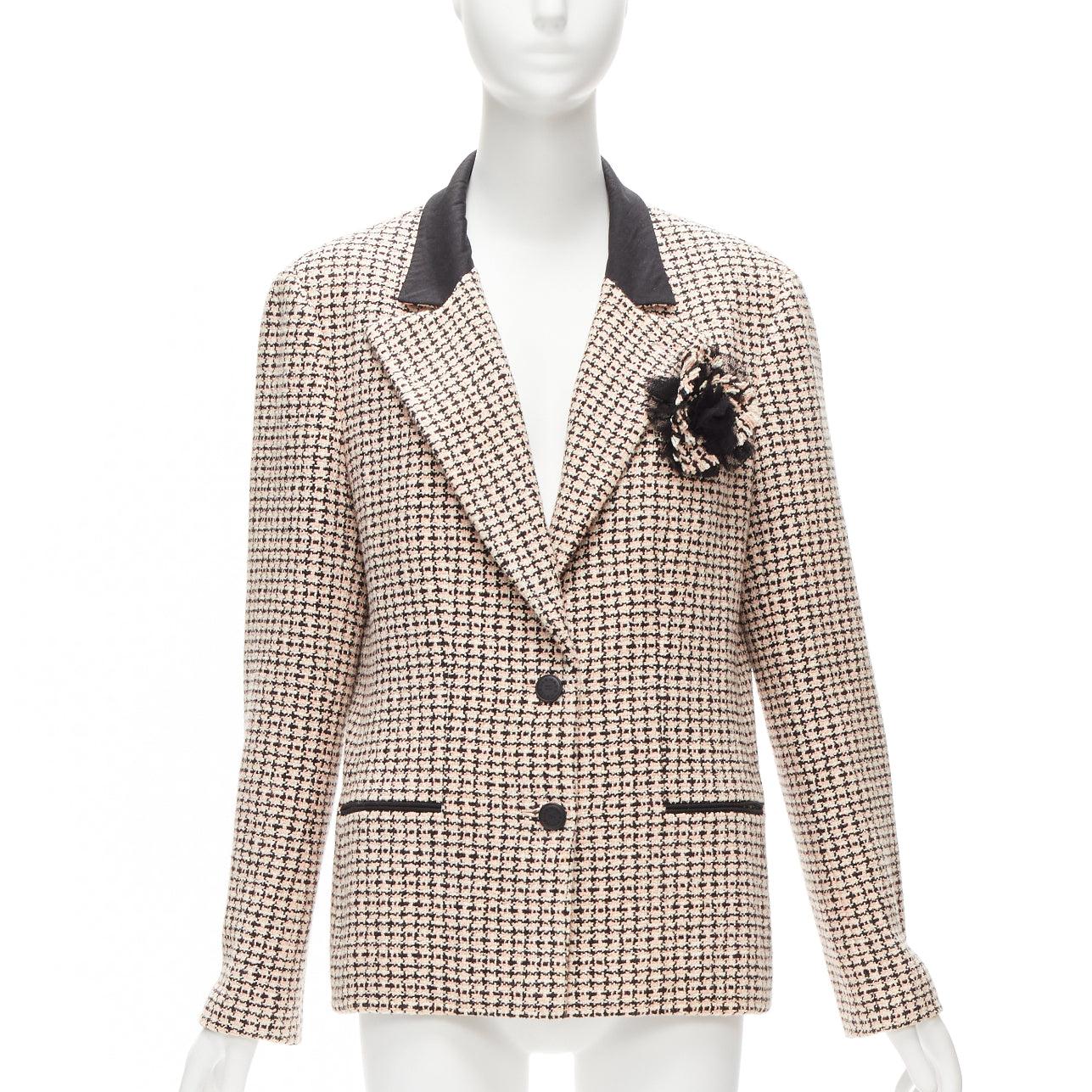 CHANEL Karl 02P pink black tweed Camellia brooch blazer jacket FR46 XXL In Fair Condition For Sale In Hong Kong, NT
