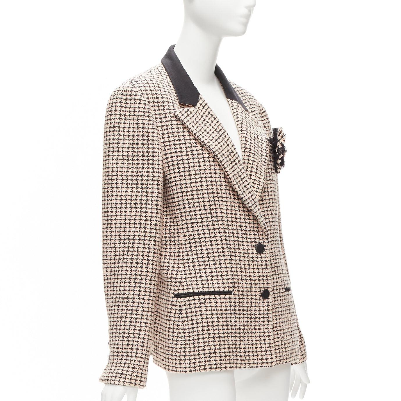 Women's CHANEL Karl 02P pink black tweed Camellia brooch blazer jacket FR46 XXL