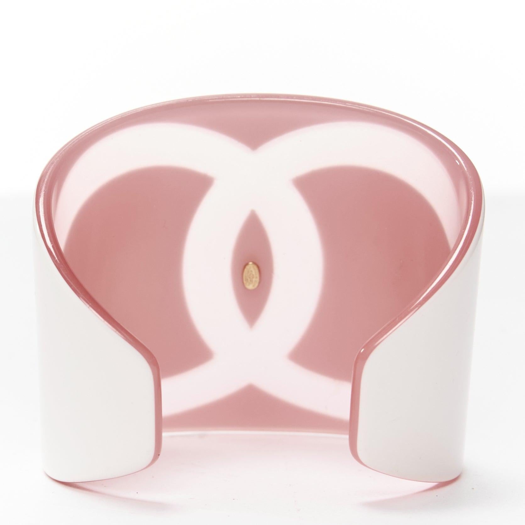Women's CHANEL Karl Lagerfeld 03P pink white giant CC logo resin bangle bracelet For Sale
