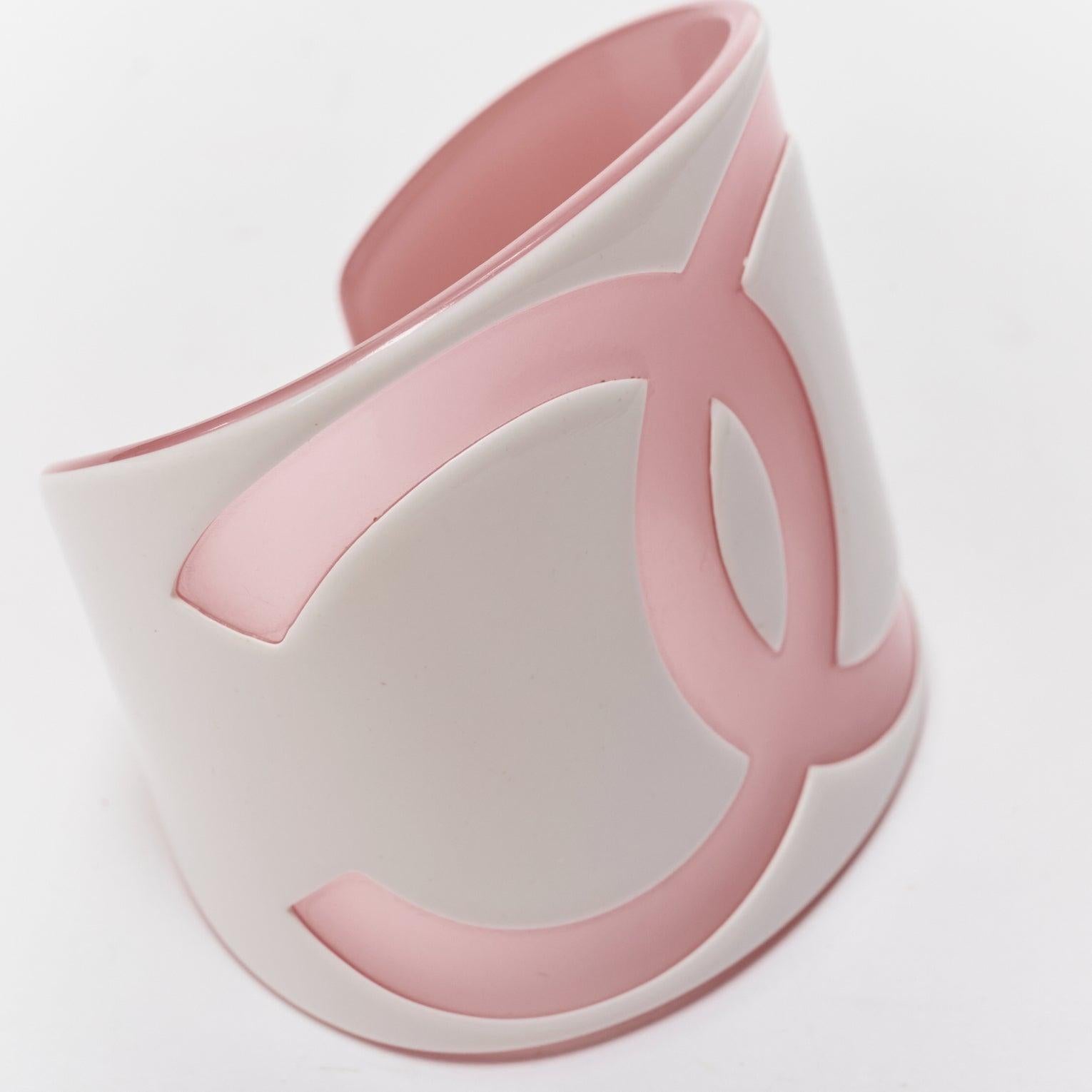 CHANEL Karl Lagerfeld 03P pink white giant CC logo resin bangle bracelet For Sale 2