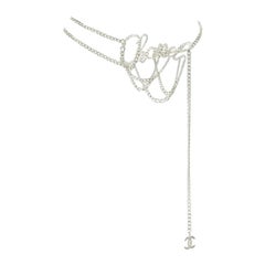 CHANEL KARL LAGERFELD 06P silver cursive logo draped chain punk belt necklace