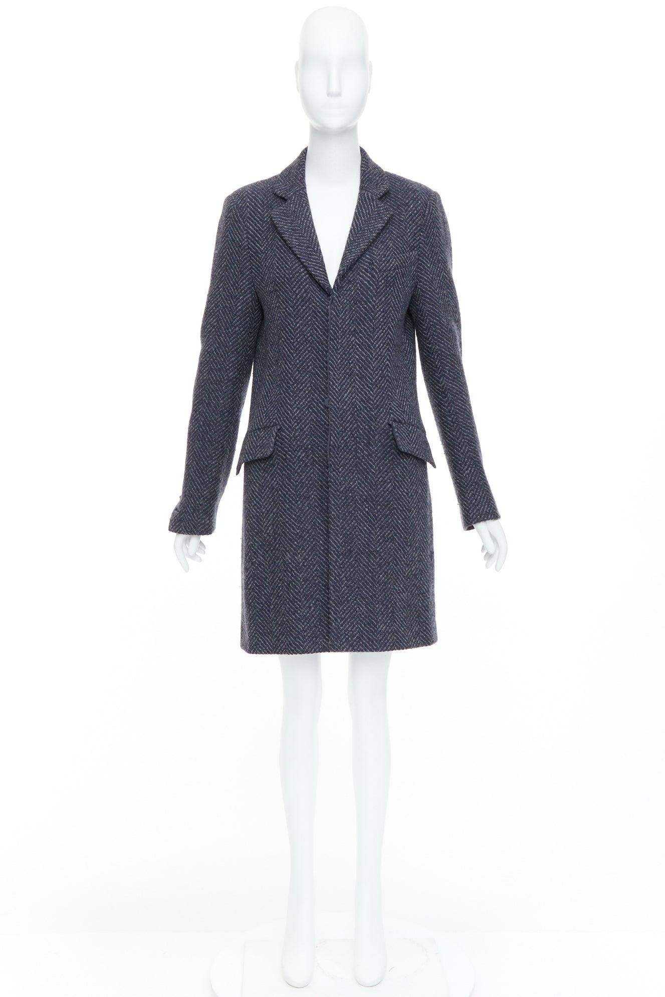 CHANEL Karl Lagerfeld 08A grey navy herringbone tweed long coat FR46 3XL For Sale 5