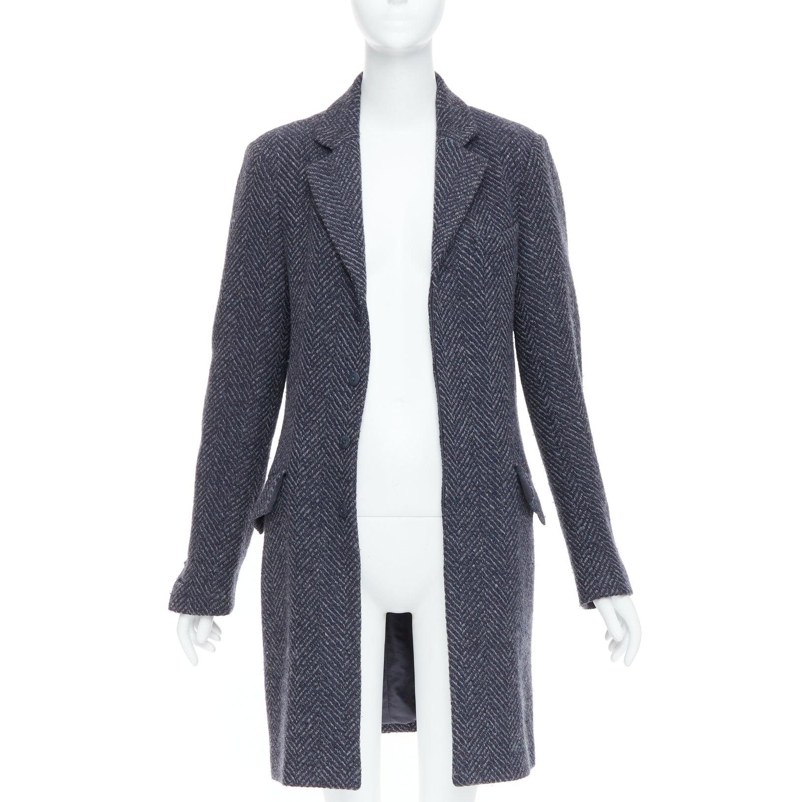 Black CHANEL Karl Lagerfeld 08A grey navy herringbone tweed long coat FR46 3XL For Sale
