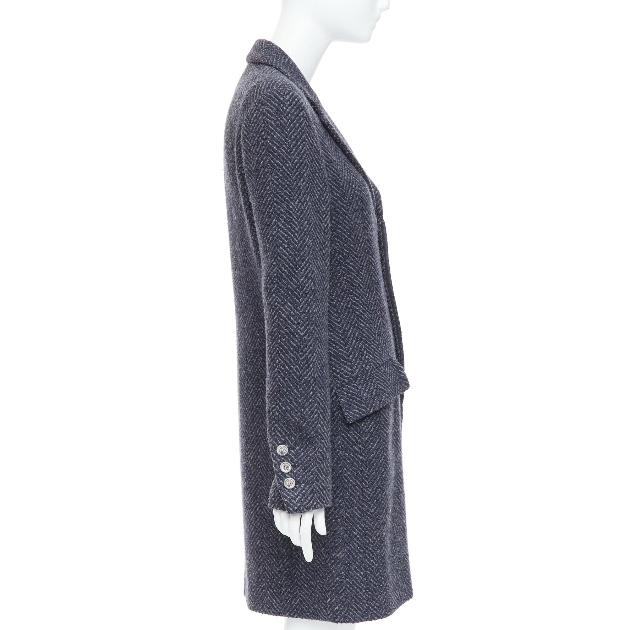 Women's CHANEL Karl Lagerfeld 08A grey navy herringbone tweed long coat FR46 3XL For Sale