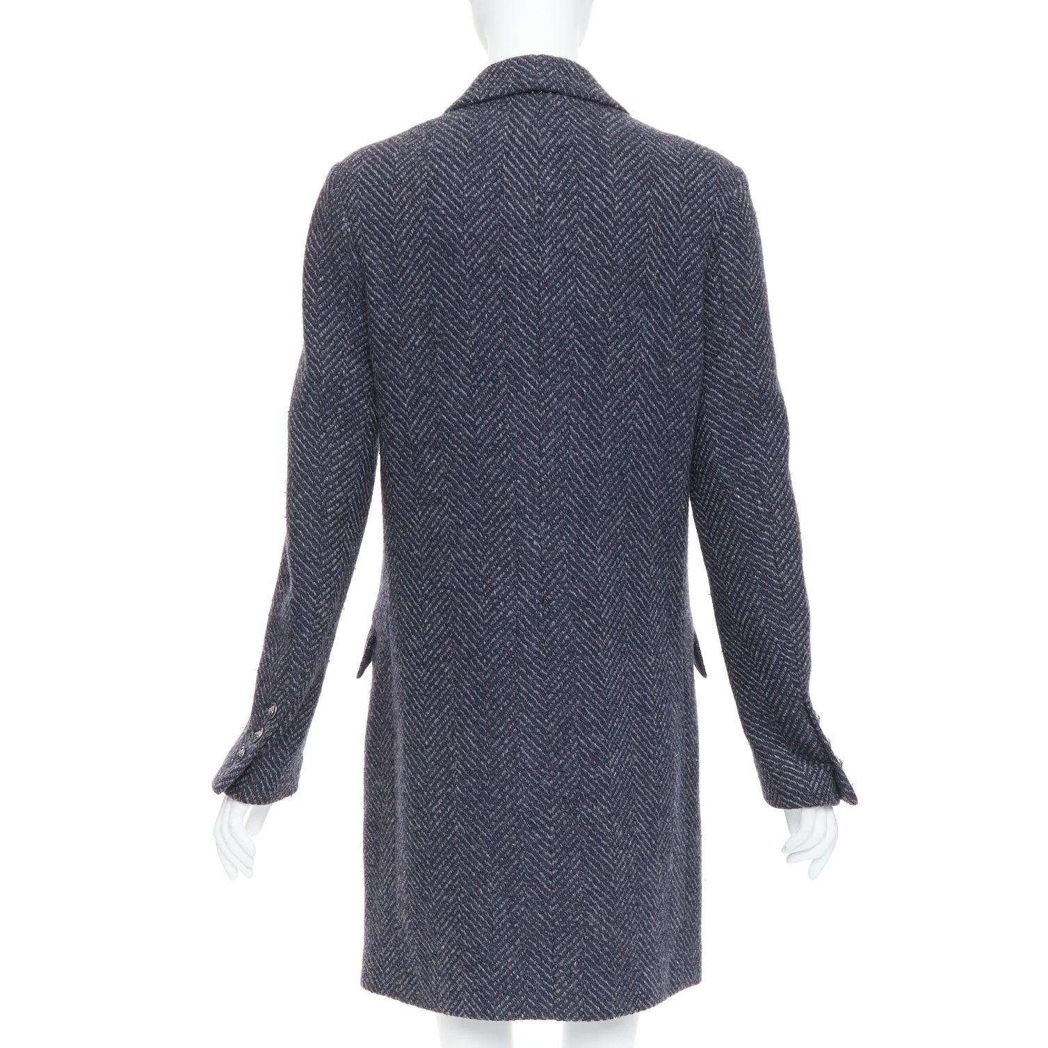 CHANEL Karl Lagerfeld 08A grey navy herringbone tweed long coat FR46 3XL For Sale 1