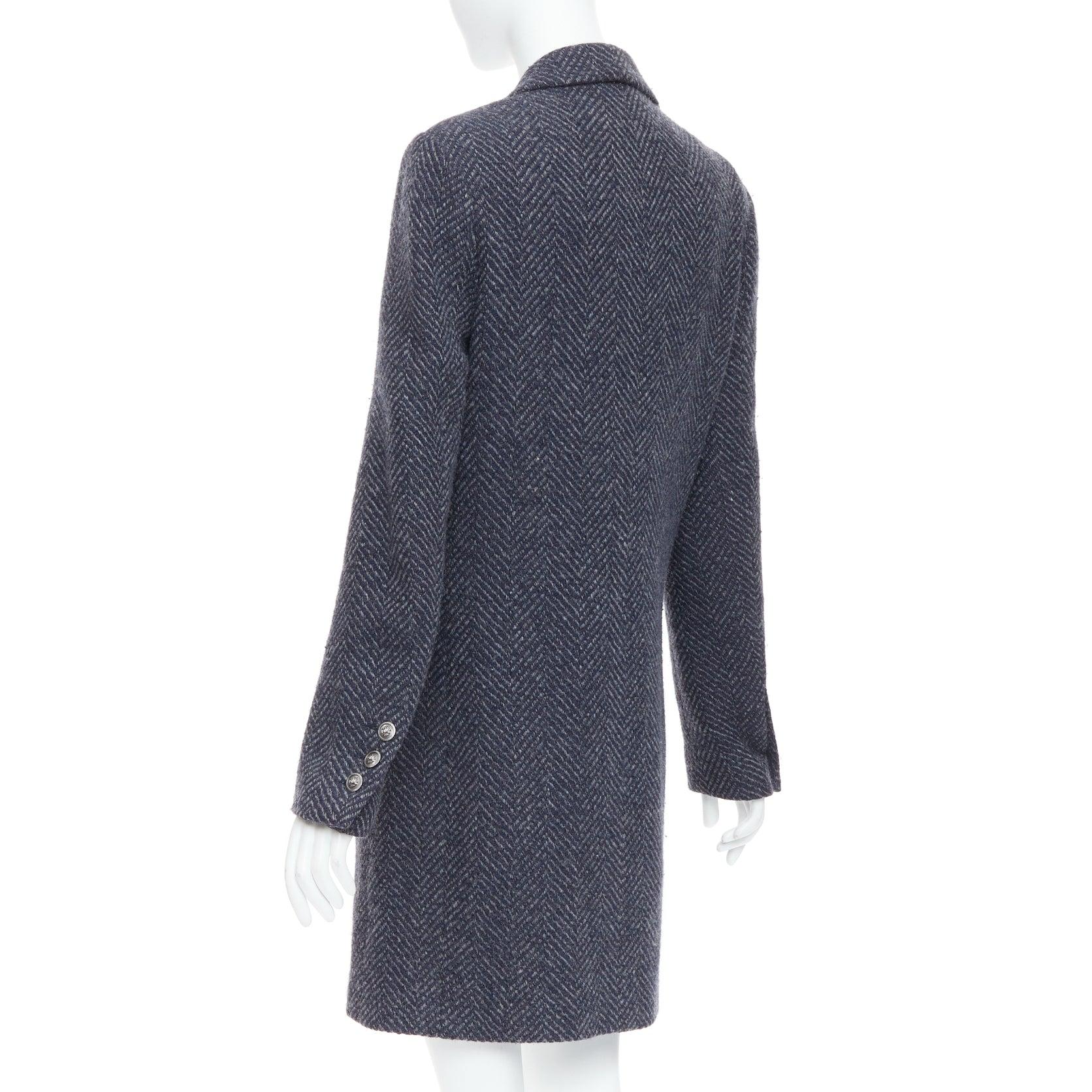 CHANEL Karl Lagerfeld 08A grey navy herringbone tweed long coat FR46 3XL For Sale 2