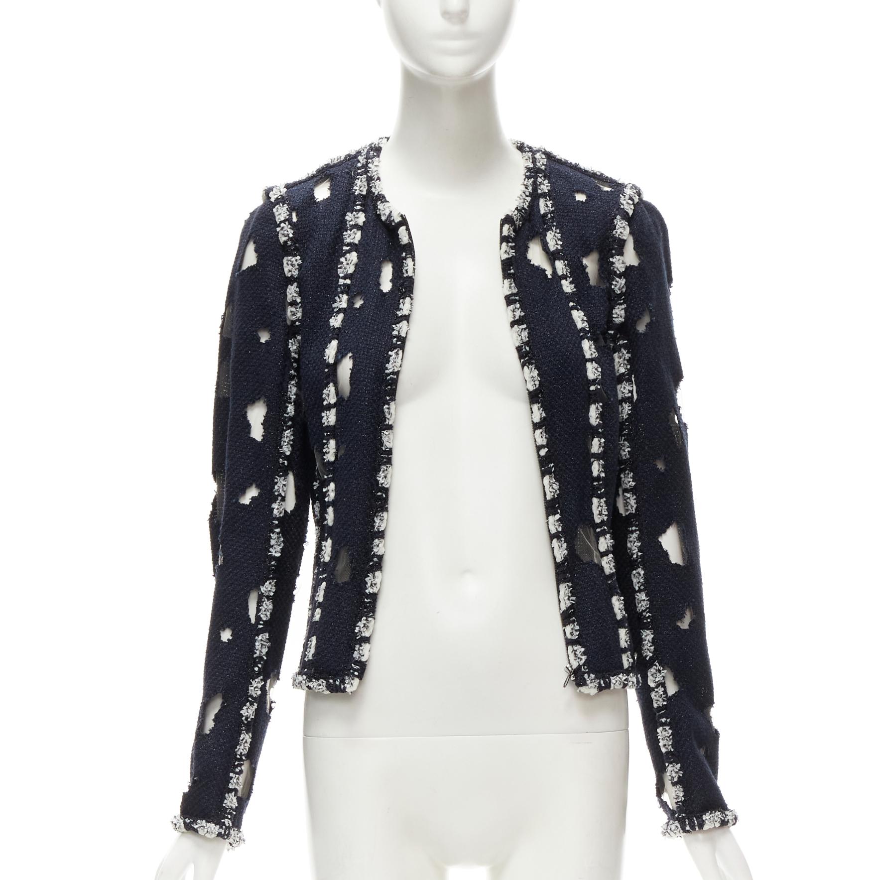 CHANEL Karl Lagerfeld 11P Runway Marienbad punk distressed tweed jacket FR38 M In Excellent Condition In Hong Kong, NT