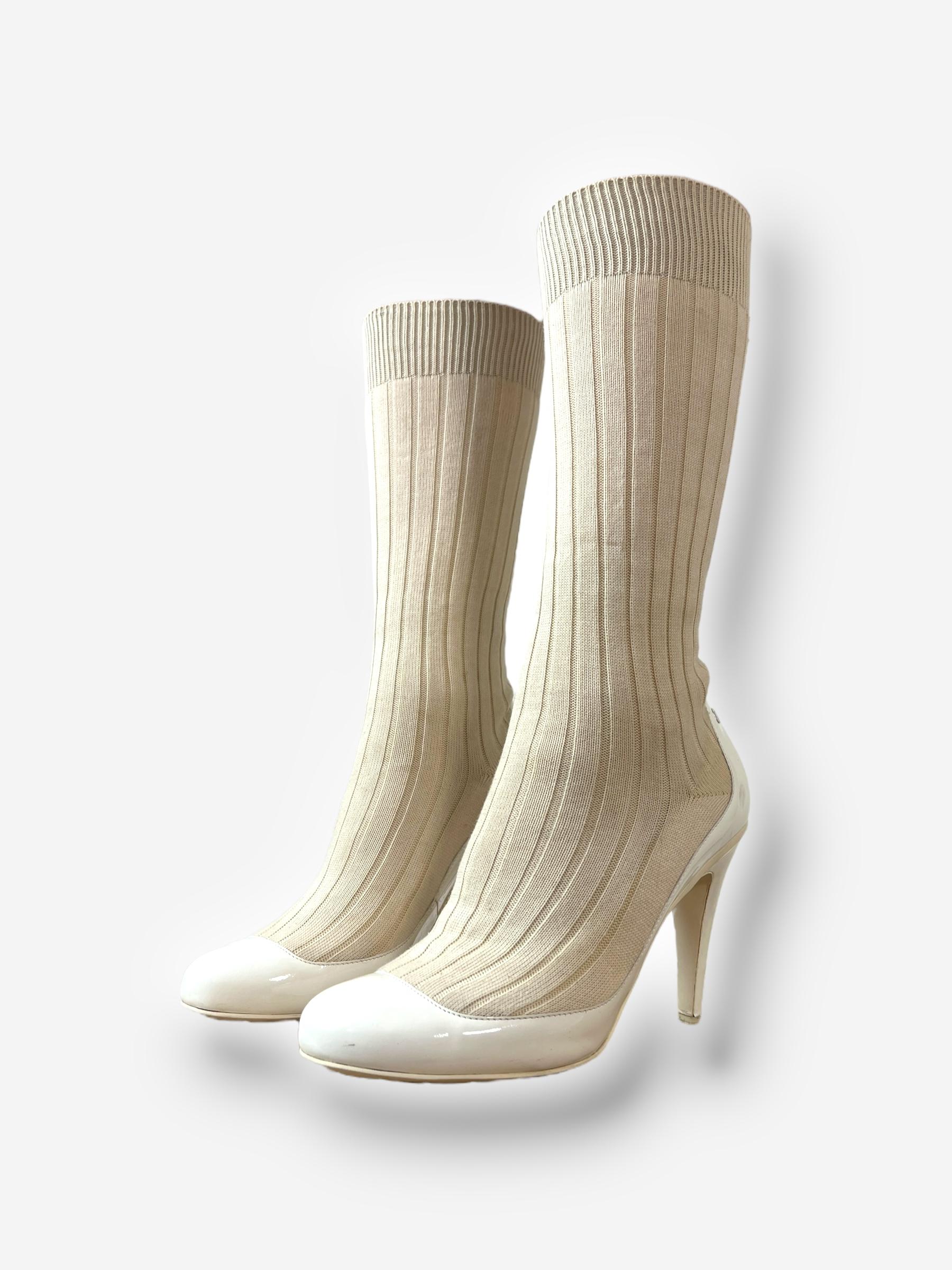 Marron CHANEL Karl Lagerfeld 14P Runway Patent Sock Boots - EU 39 en vente