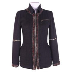 Veste Chanel & Karl Lagerfeld 2010 avec bordure tressée en tweed et fermeture éclair en laine noire