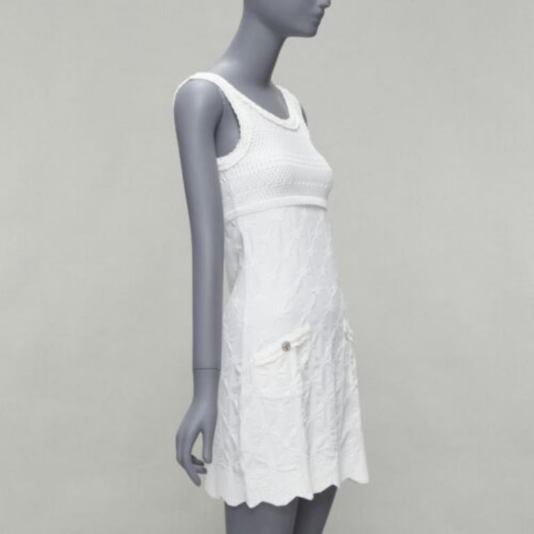 Gray CHANEL Karl Lagerfeld 2011 CC logo buttons white lace knitted mini dress FR34 XS