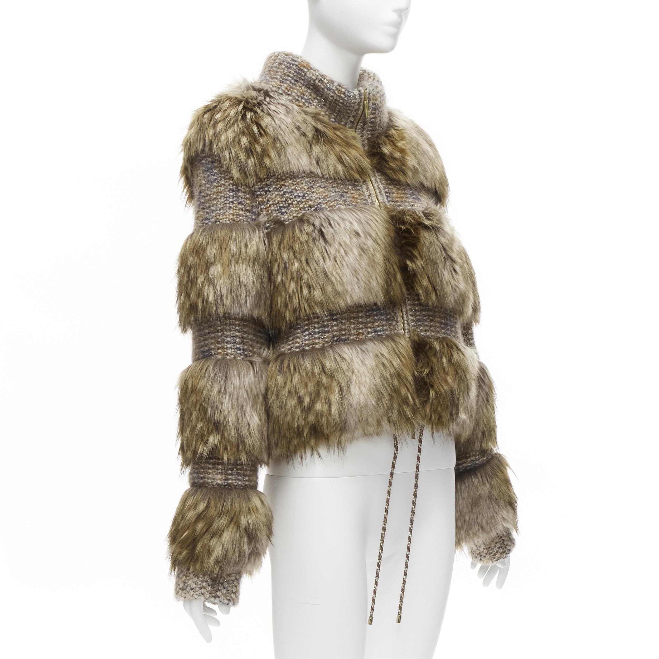 Women's CHANEL Karl Lagerfeld 2018 Runway faux fur tweed CC logo zipped jacket FR38 M