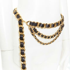 CHANEL KARL LAGERFELD 2.55 chunky gold-tone chain leather trimmed triple belt