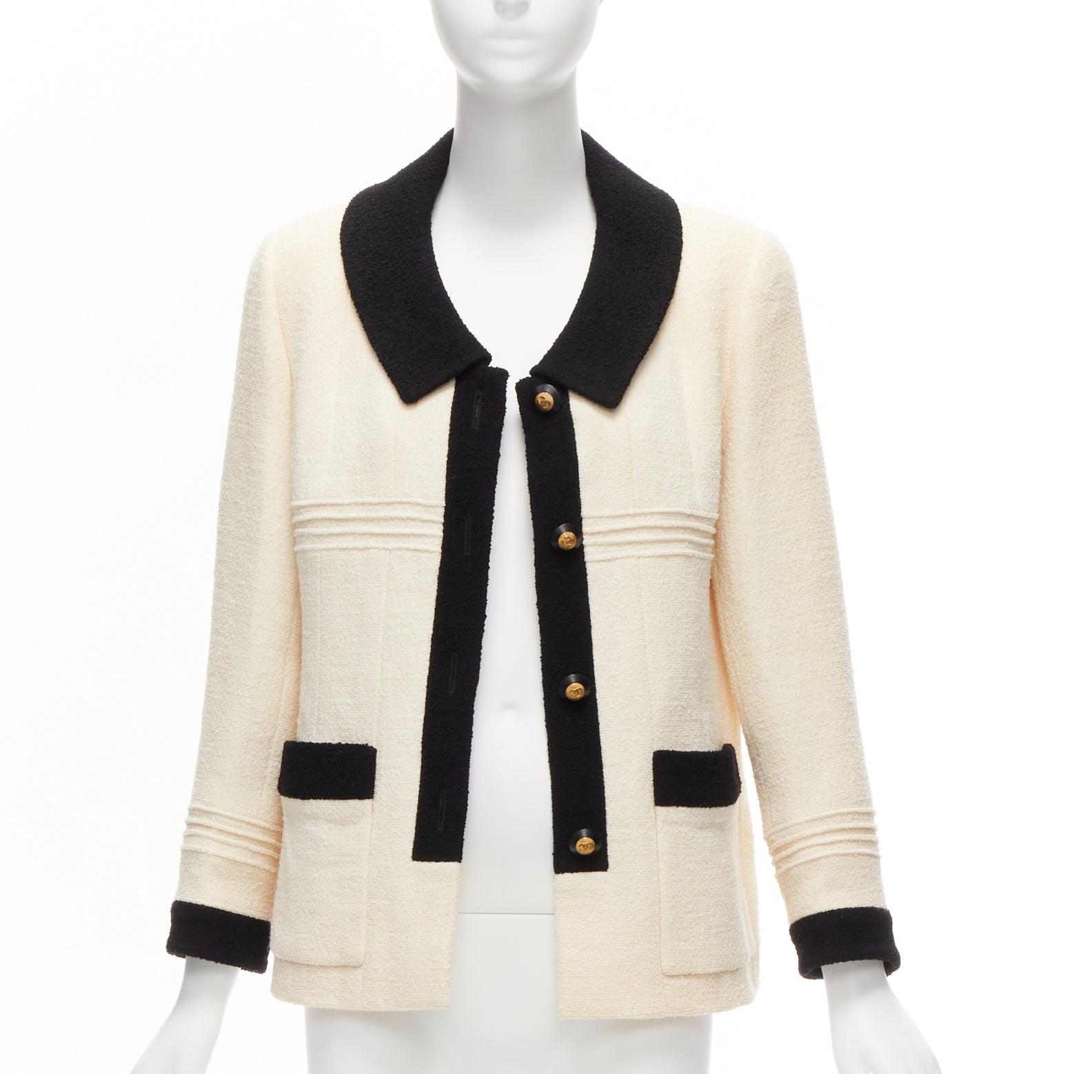 CHANEL Karl Lagerfeld 93A Vintage cream black trim boucle tweed jacket FR44 XXL In Good Condition In Hong Kong, NT