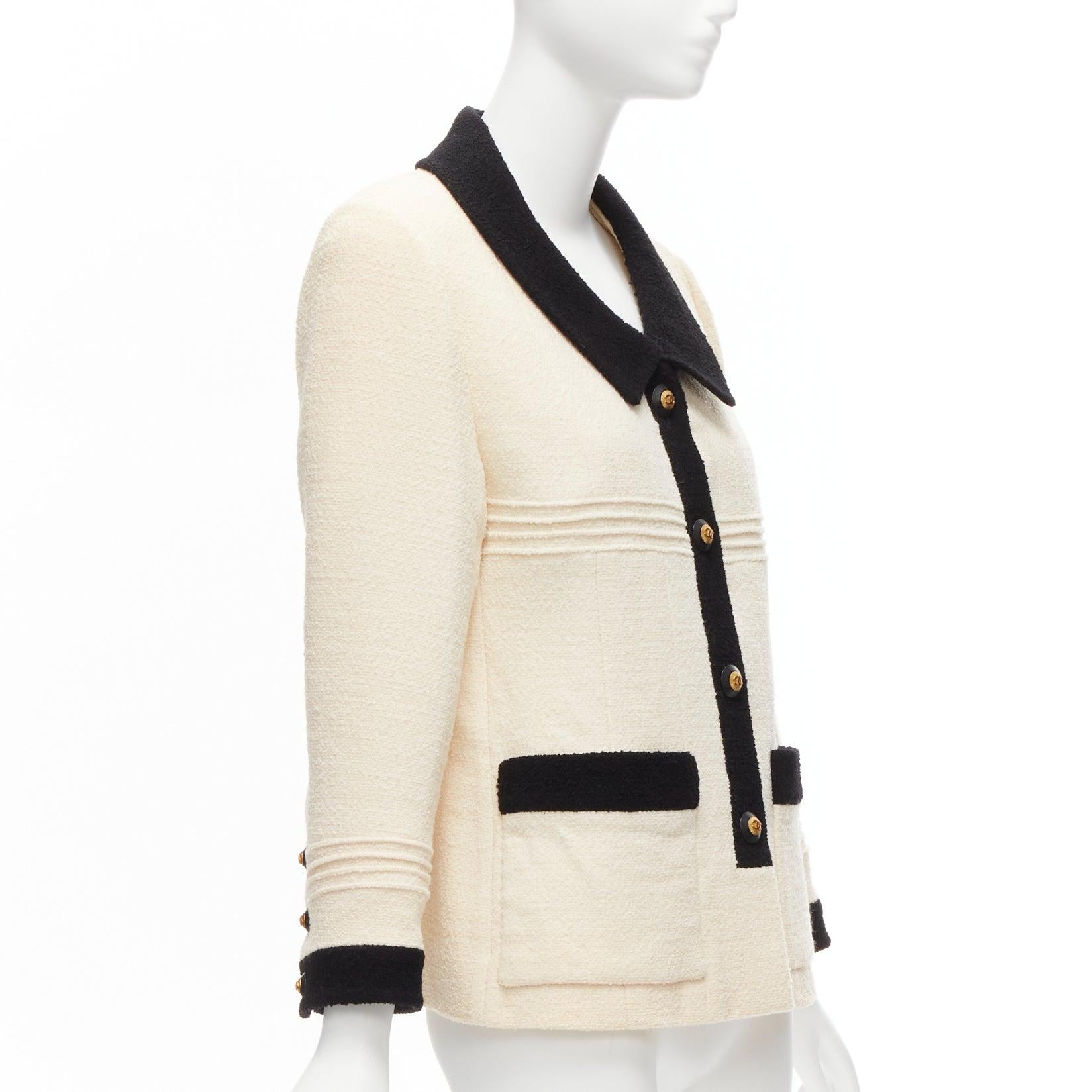 Women's CHANEL Karl Lagerfeld 93A Vintage cream black trim boucle tweed jacket FR44 XXL