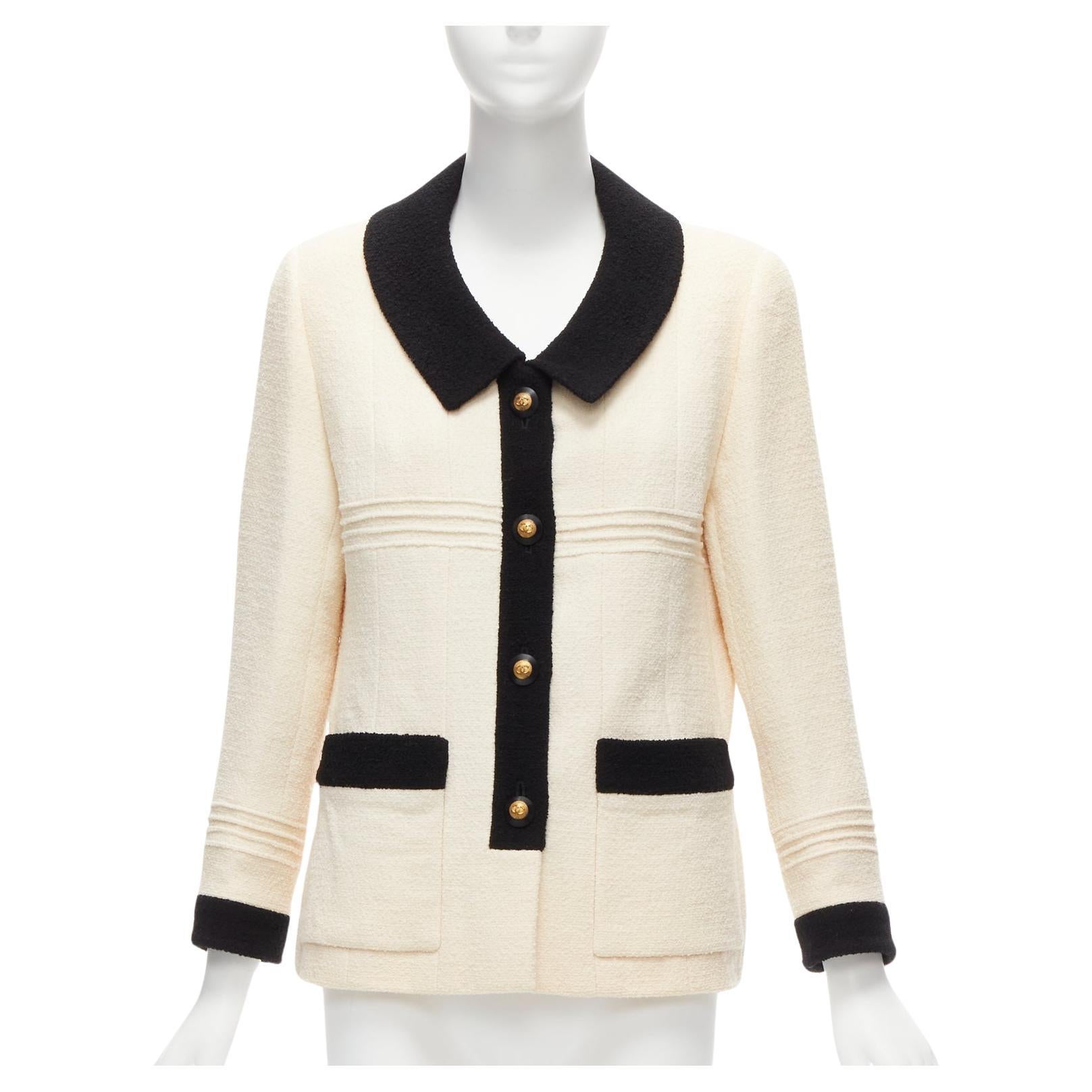 CHANEL Karl Lagerfeld 93A Vintage cream black trim boucle tweed jacket FR44 XXL