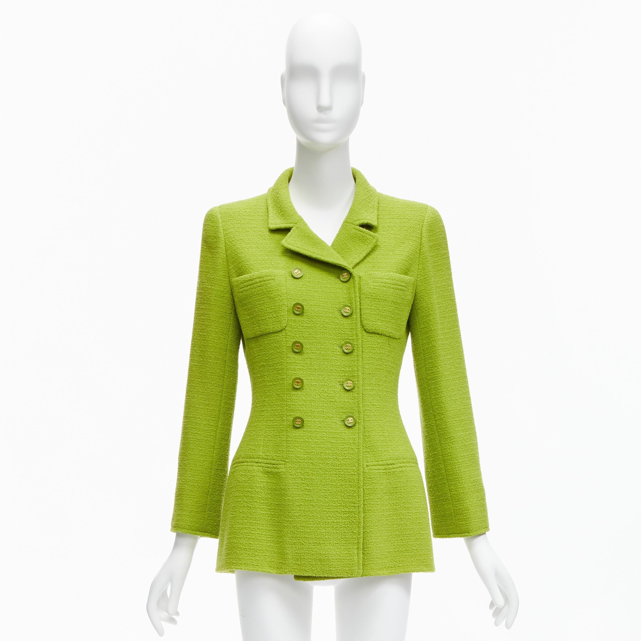CHANEL Karl Lagerfeld 95A Vintage lime  tweed CC button blazer jacket FR40 L 7