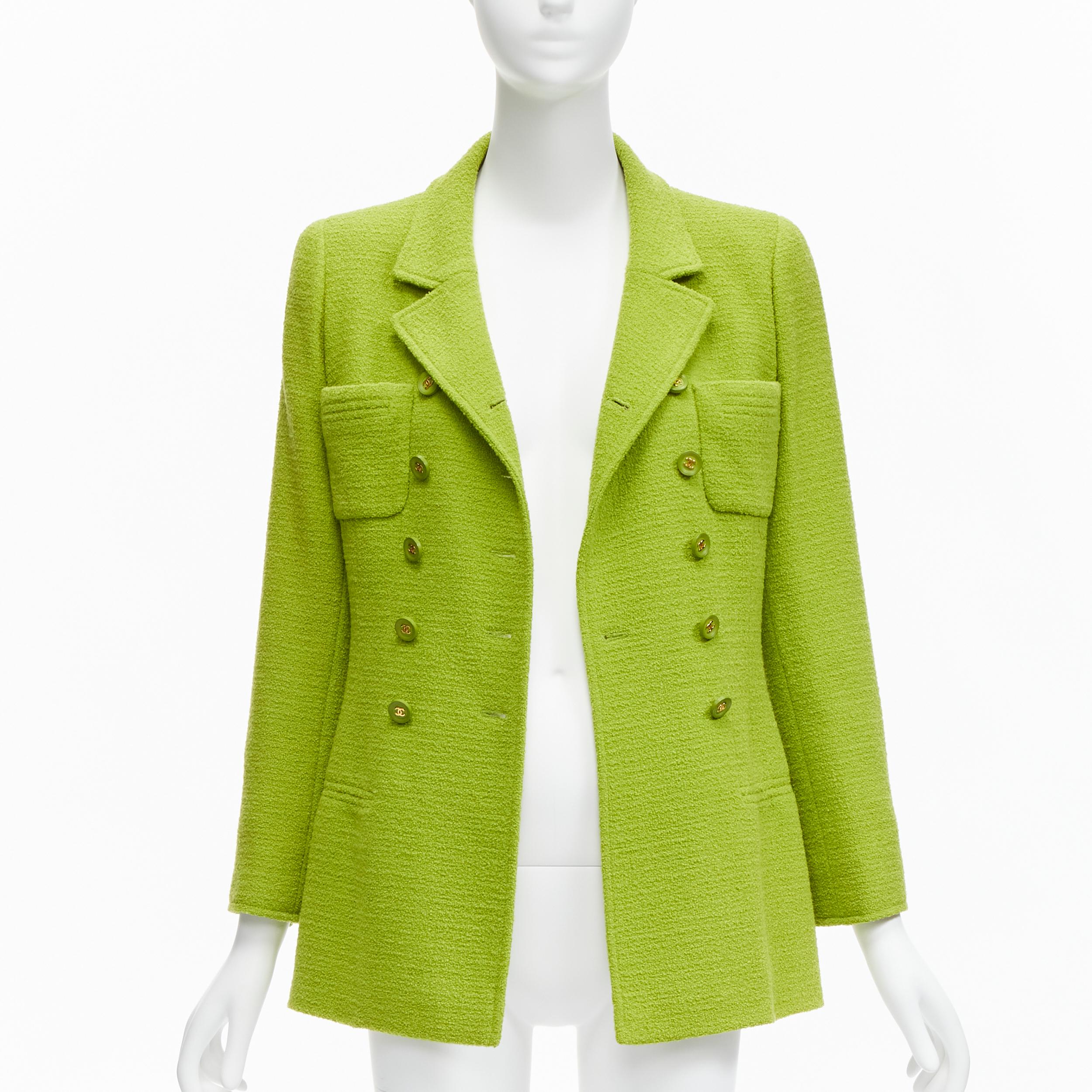 CHANEL Karl Lagerfeld 95A Vintage lime  tweed CC button blazer jacket FR40 L In Excellent Condition In Hong Kong, NT