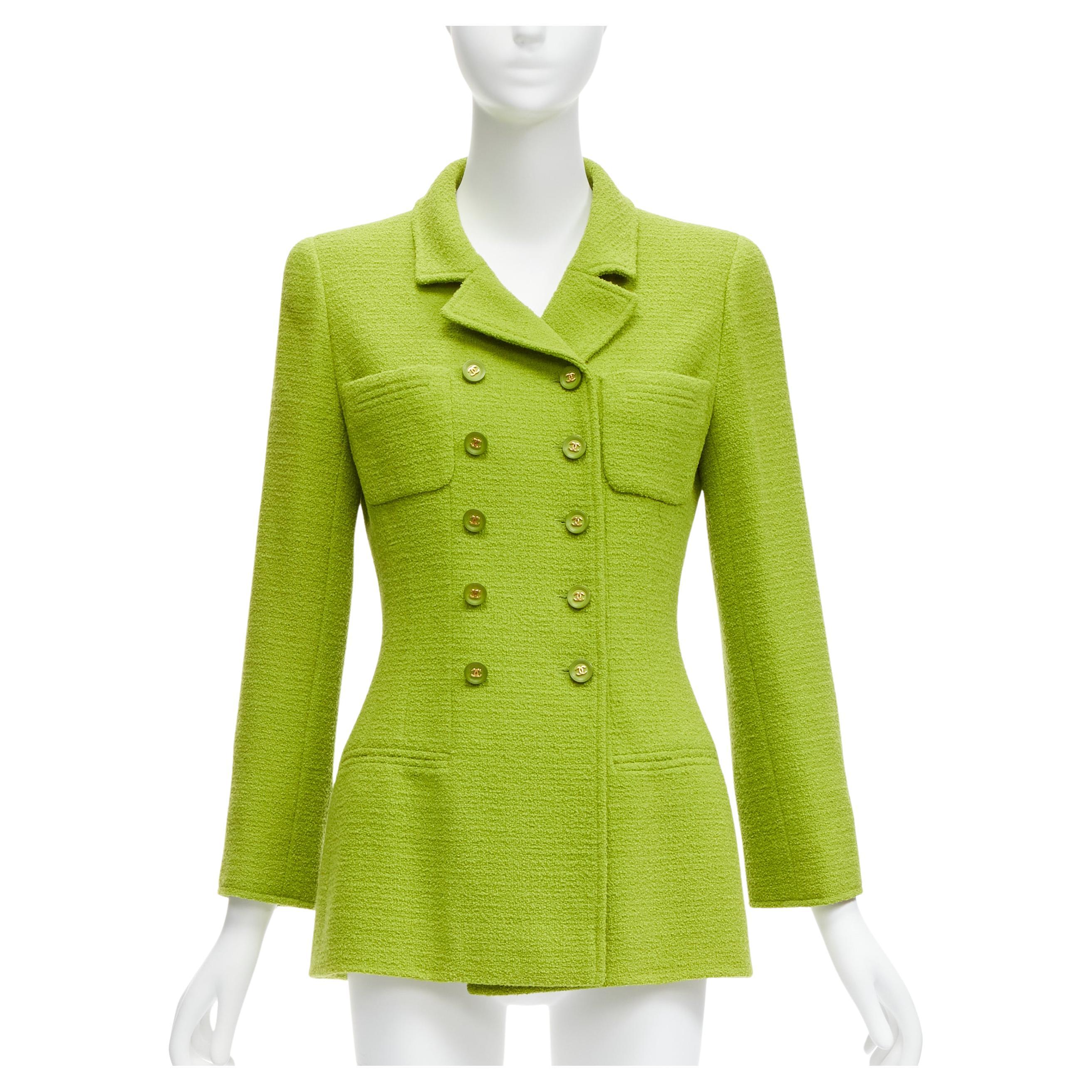 CHANEL Karl Lagerfeld 95A Vintage lime  tweed CC button blazer jacket FR40 L