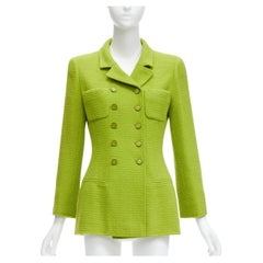 CHANEL Karl Lagerfeld 95A Retro lime  tweed CC button blazer jacket FR40 L