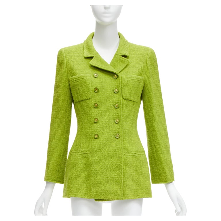 CHANEL Karl Lagerfeld 95A Vintage lime tweed CC button blazer jacket FR40 L  at 1stDibs