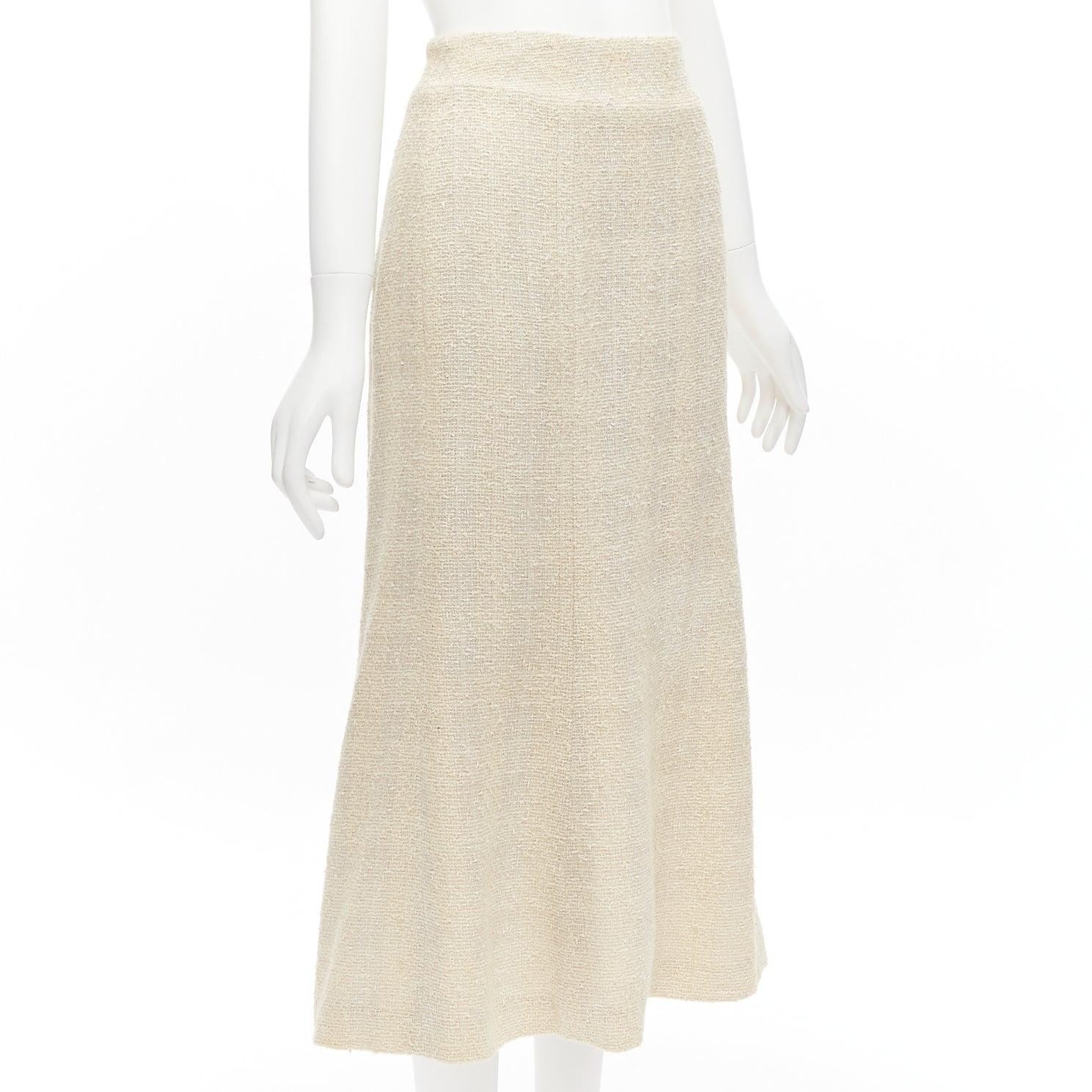 CHANEL Karl Lagerfeld 99P Vintage cream tweed pearl button midi skirt FR40 L In Excellent Condition In Hong Kong, NT