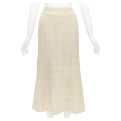 CHANEL Karl Lagerfeld 99P Vintage cream tweed pearl button midi skirt FR40 L