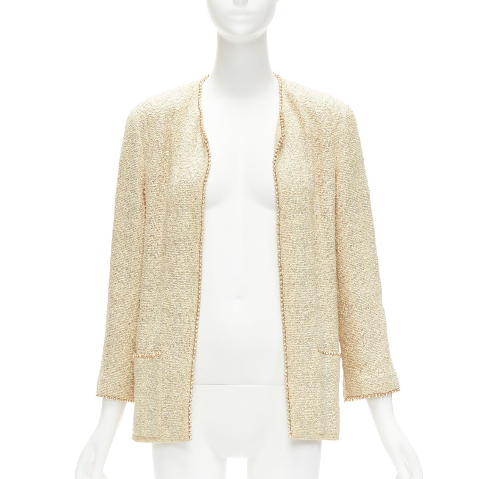 CHANEL Karl Lagerfeld 99P Vintage pearl trim boucle tweed jacket FR40 L In Good Condition For Sale In Hong Kong, NT