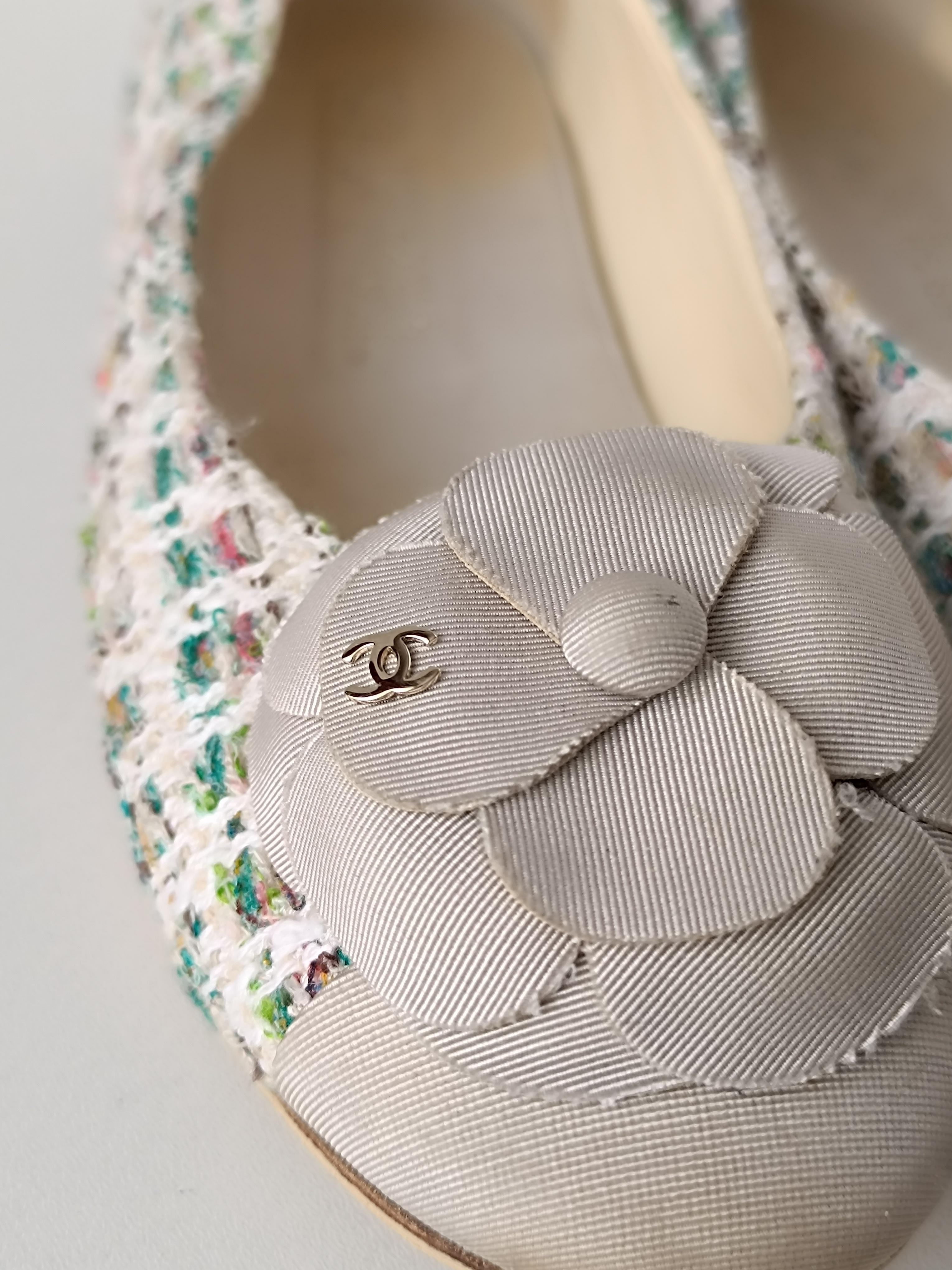 Chanel & Karl Lagerfeld Camellia TWEED Ballet Flats
Chanel by Karl Lagerfeld 
Collection: 17B
Country of production: Italy
Chanel style:E G32896
Dimensions: 36,5 IT 
Measurements:
Insole length is 22 cm / 8.66 inches

Yellow, turquoise, blue, light