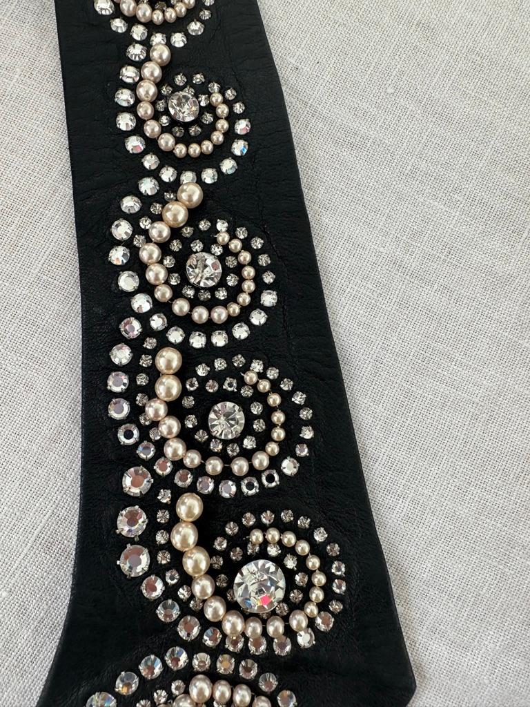 Women's Chanel Karl Lagerfeld Era Leather Belt with Crystal and Pearl Embellishments For Sale